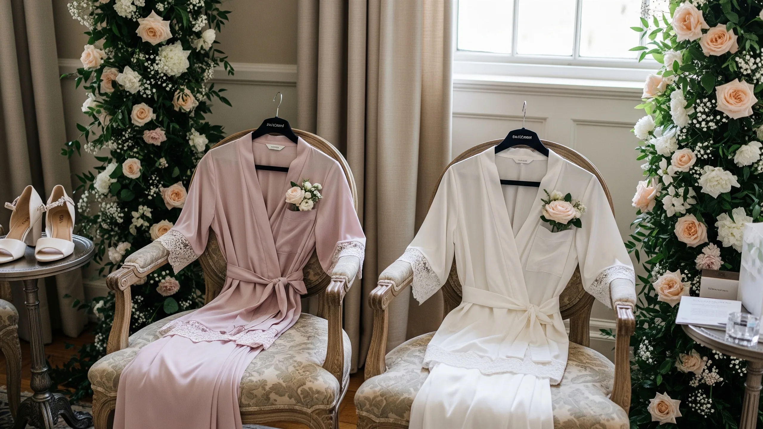 A luxury getting-ready suite with coordinated outfits laid across chairs and floral decor, no mirror reflections, in context