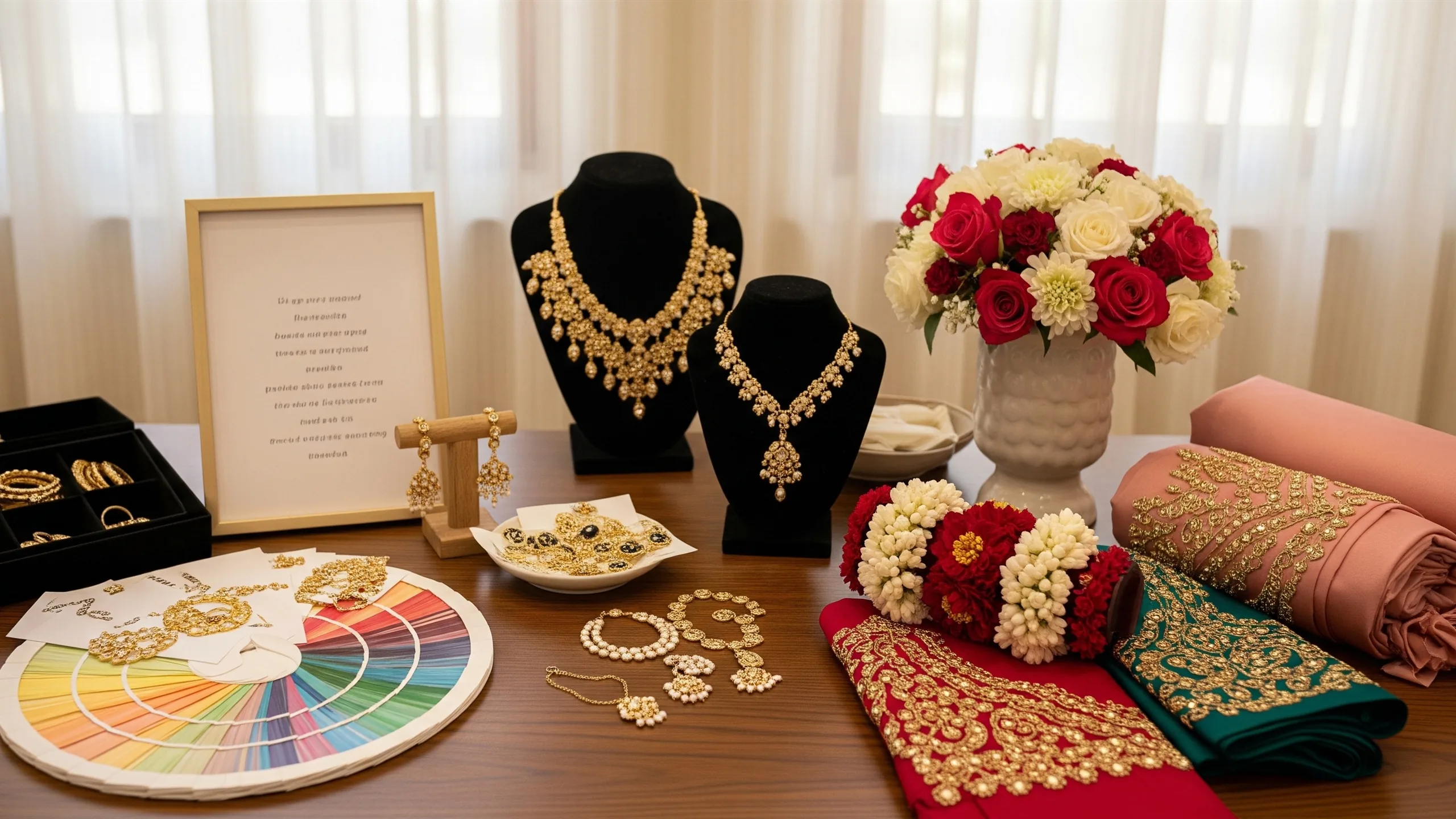 An elegant wedding-party styling table with fabric palettes, jewelry, safa fabric and floral bracelets, no text, styled view