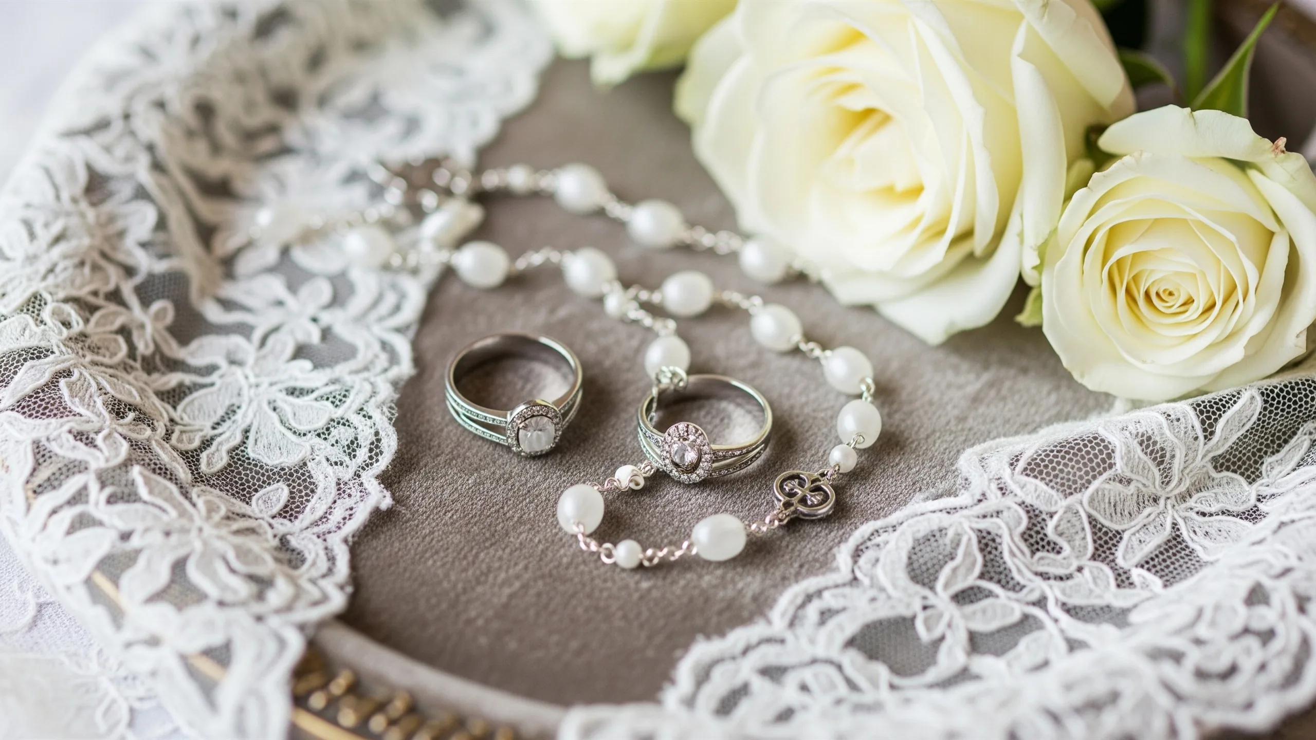 A close detail of wedding rings, rosary-inspired decor, white roses and lace fabric on a velvet tray, no text, close-up detail