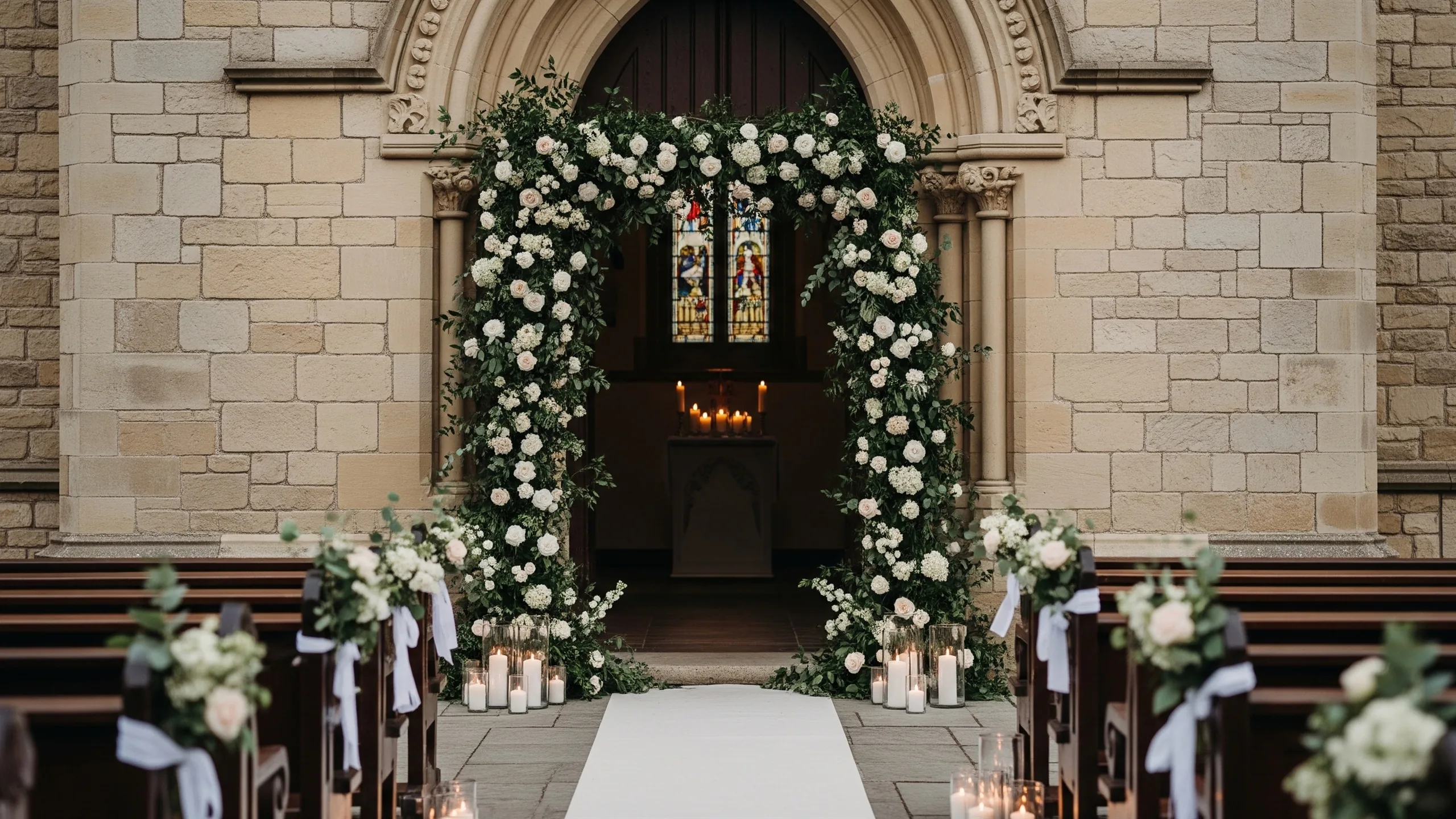 A luxury church entrance with floral arch, candles and soft evening light, no signage, styled view
