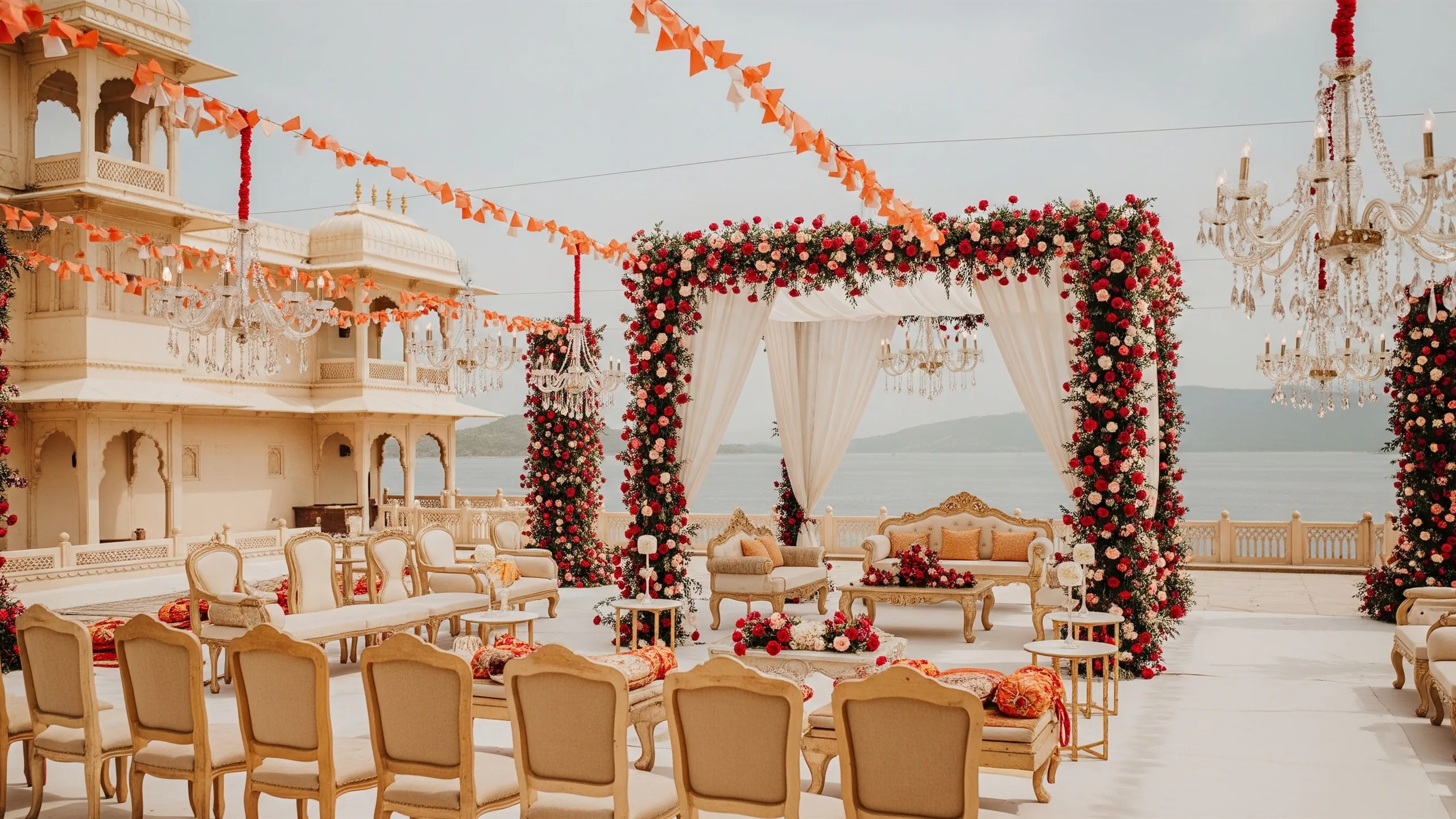 A palace destination wedding courtyard in Udaipur style with lake view, floral mandap, chandeliers and rich seating, close-up detail