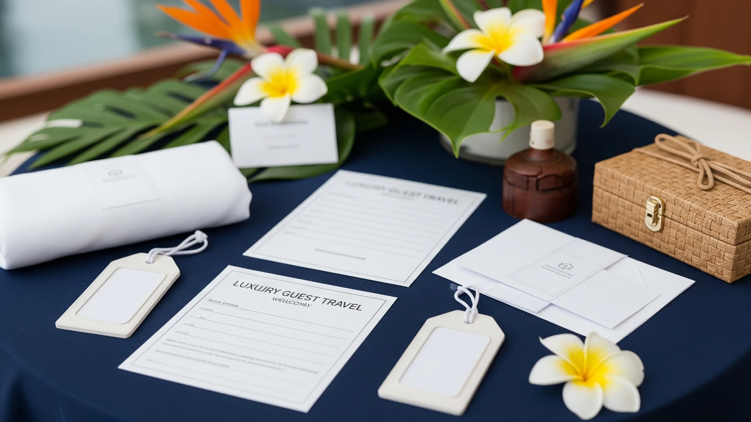 A luxury guest travel welcome setup with premium hampers, blank itinerary cards, luggage tags turned blank and tropical flowers, no readable text, in context
