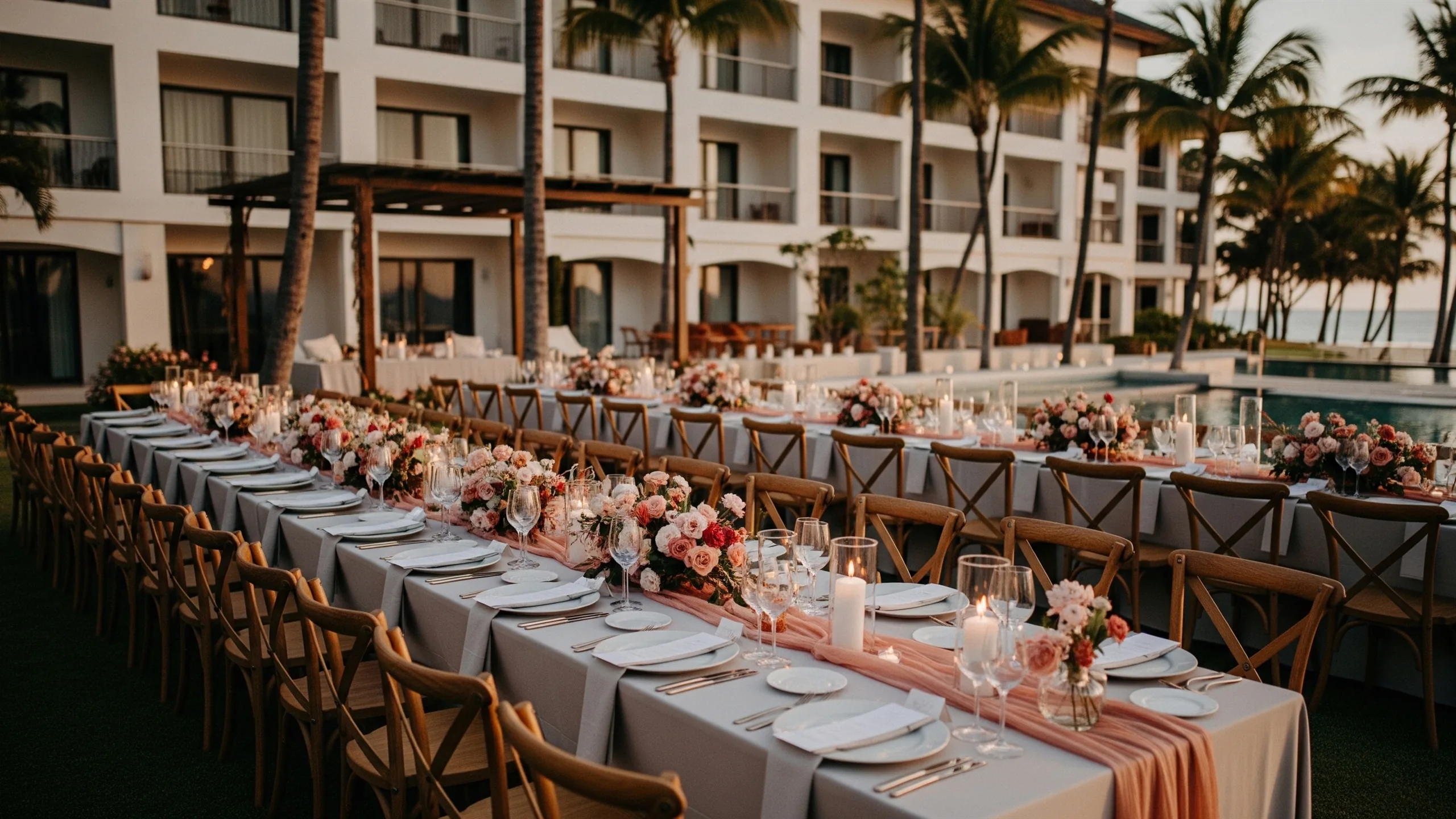 A destination wedding sunset dinner setup with long tables, candles, florals and resort architecture, styled view
