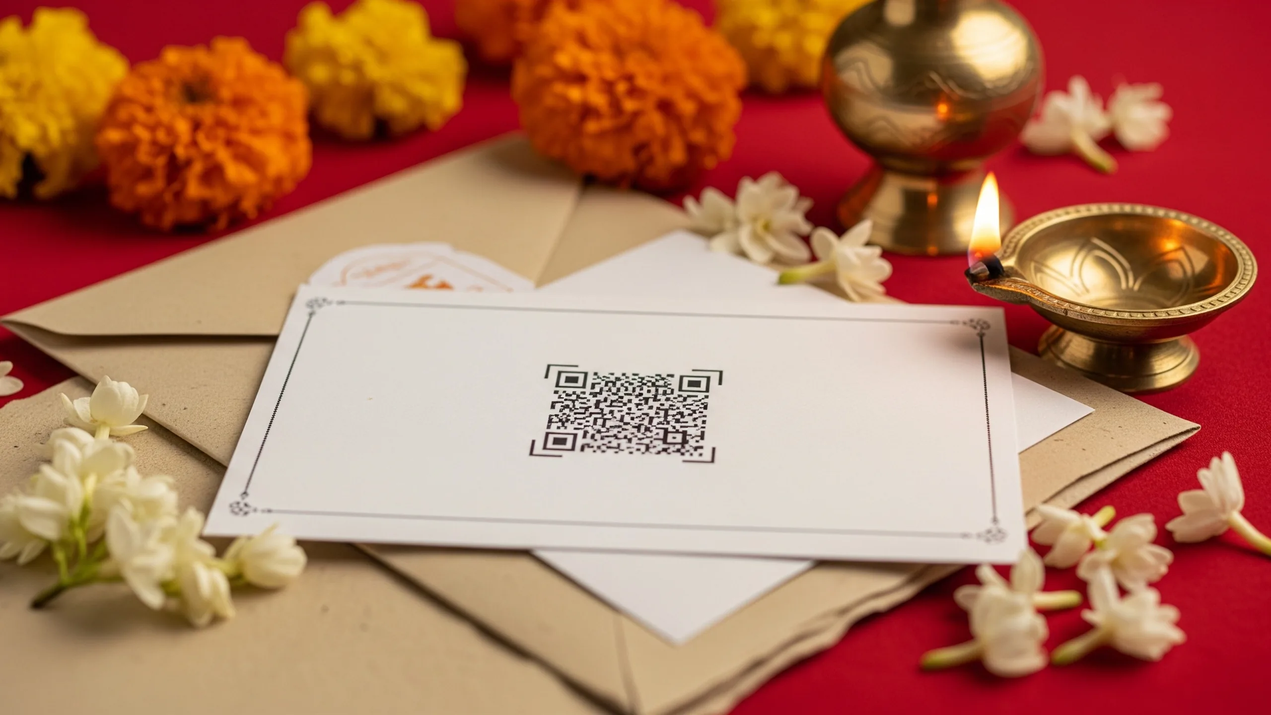 A close detail of a blank printed wedding invitation card with a decorative QR-code-like square, sealed envelopes, jasmine, marigolds, brass diya and textured handmade paper, all surfaces blank or unreadable, close-up detail