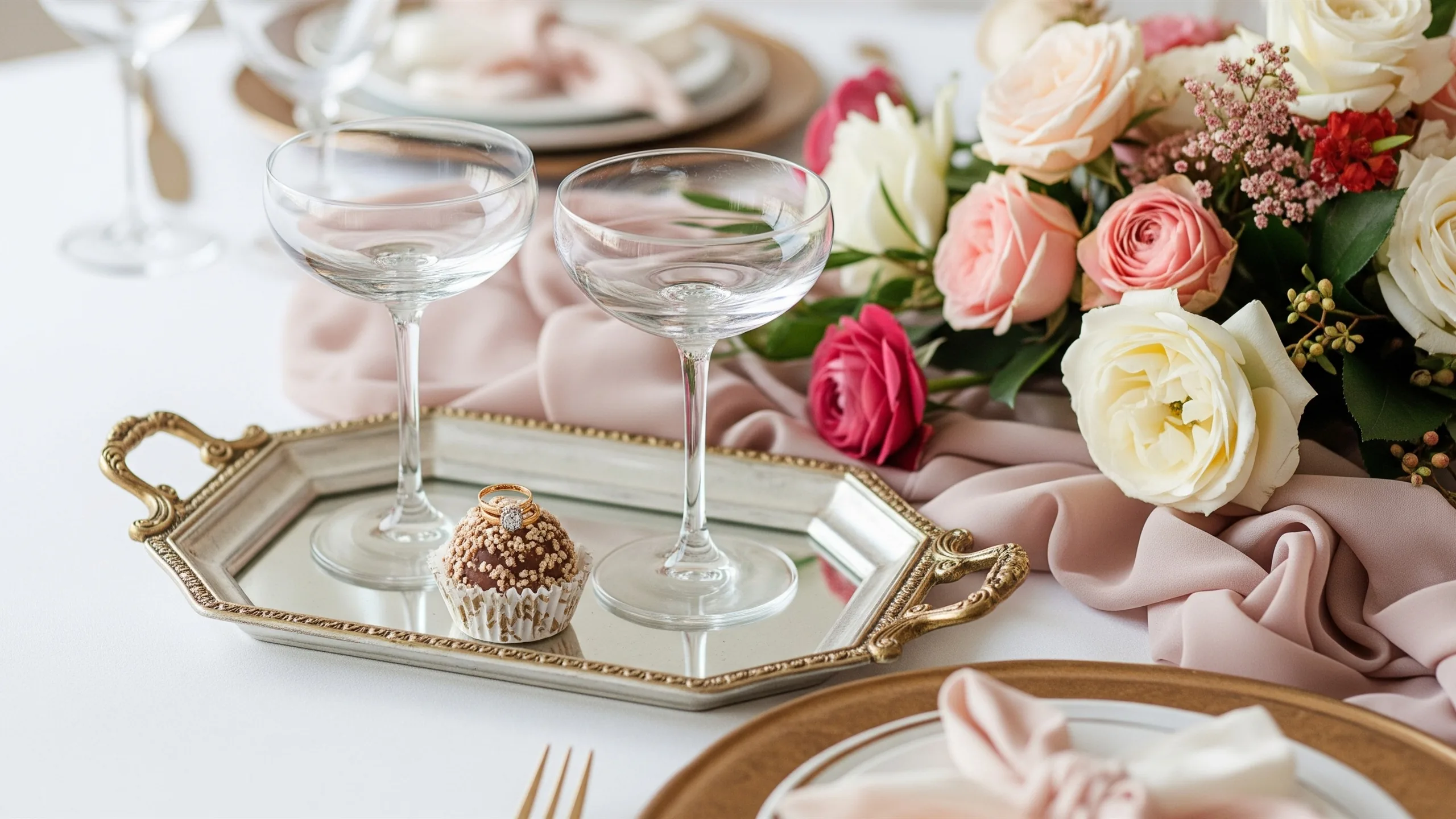 A close detail of ring tray, champagne coupes, flowers, sweets and silk fabric on a premium table, no labels, close-up detail