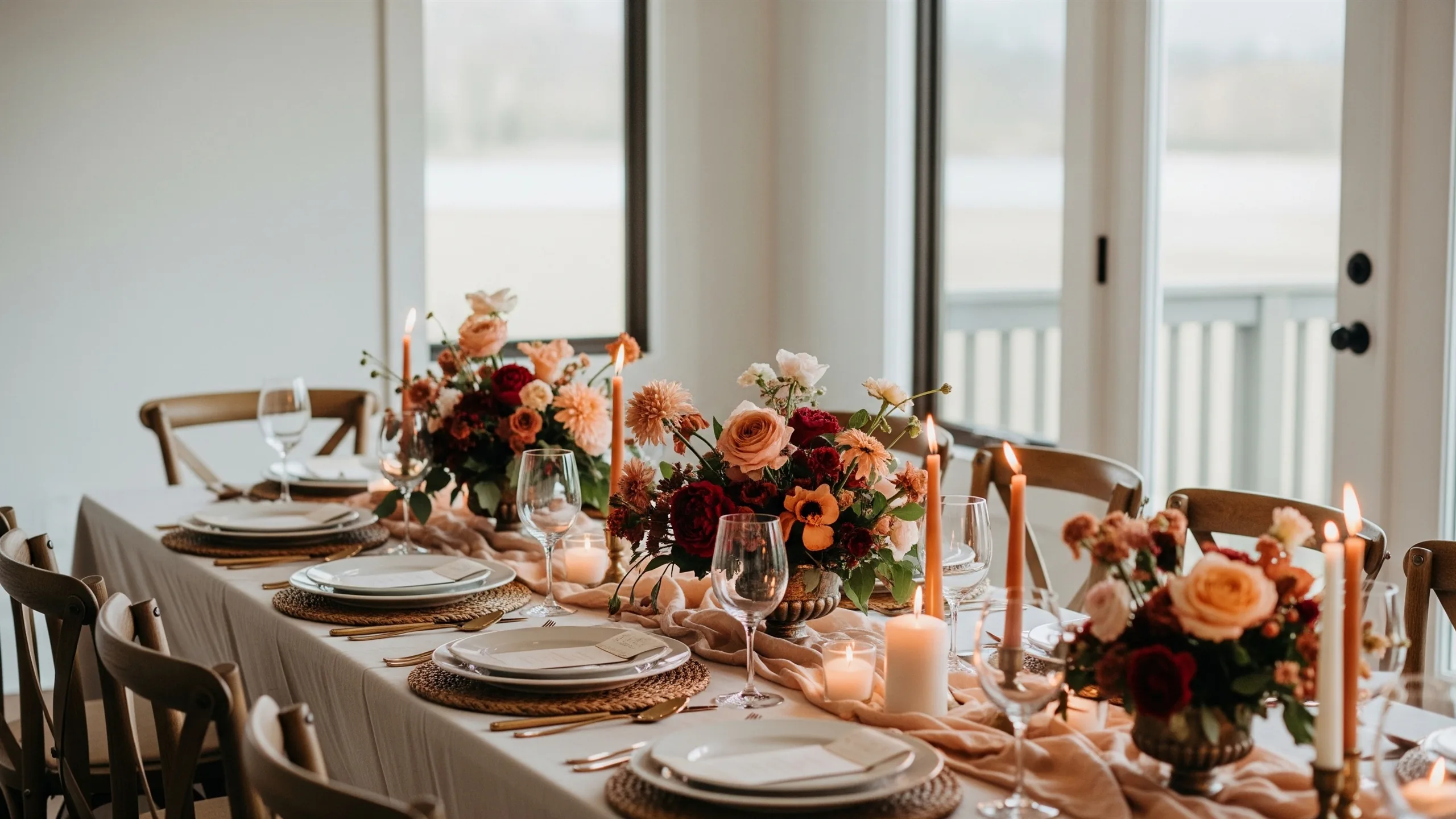 An elegant family-gathering dinner setup for engagement, long table, candles, flowers and rich linens, no place cards, styled view