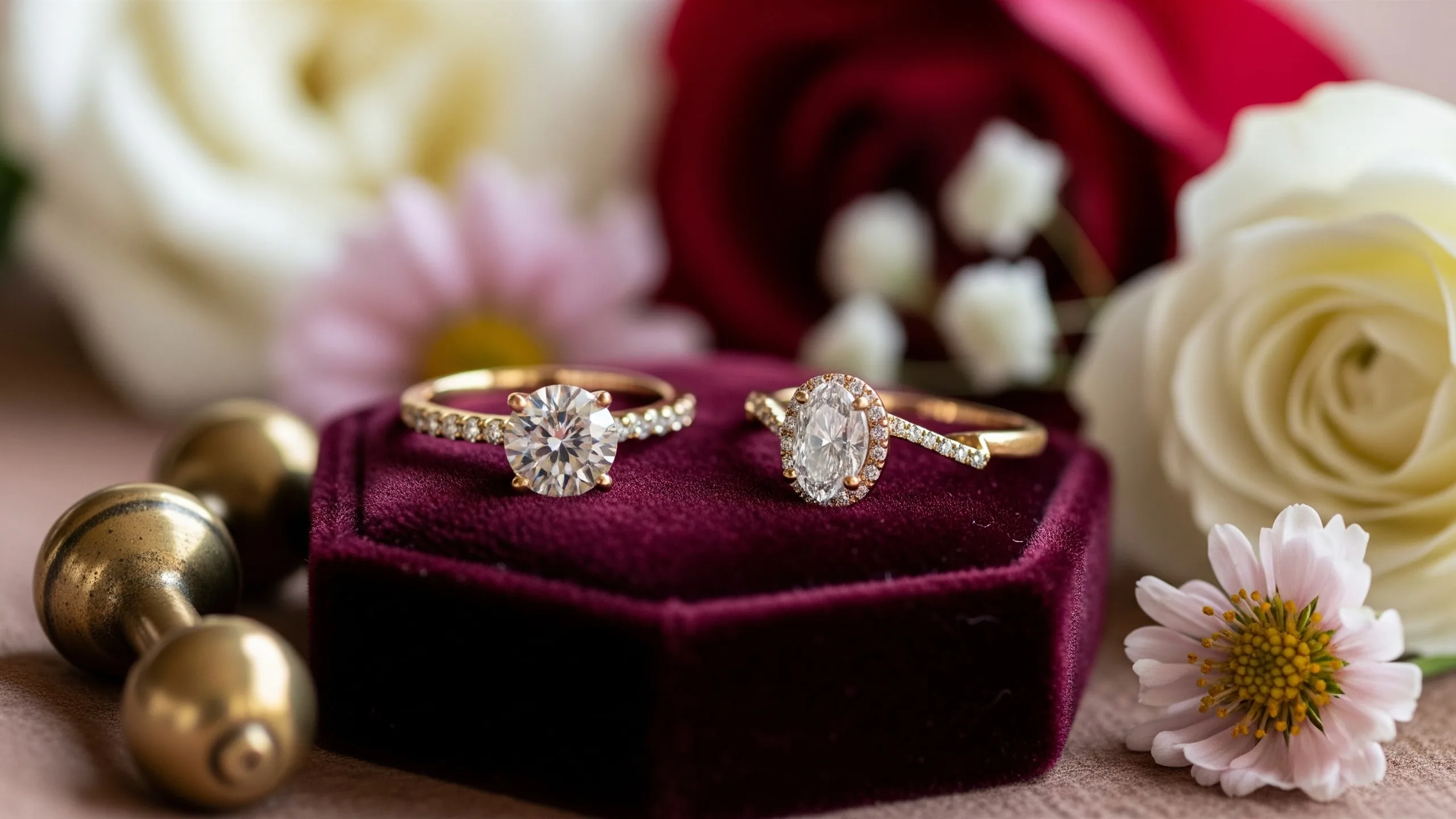A close macro detail of diamond and gold rings on velvet, realistic sparkle, flowers and brass accents, no labels, close-up detail