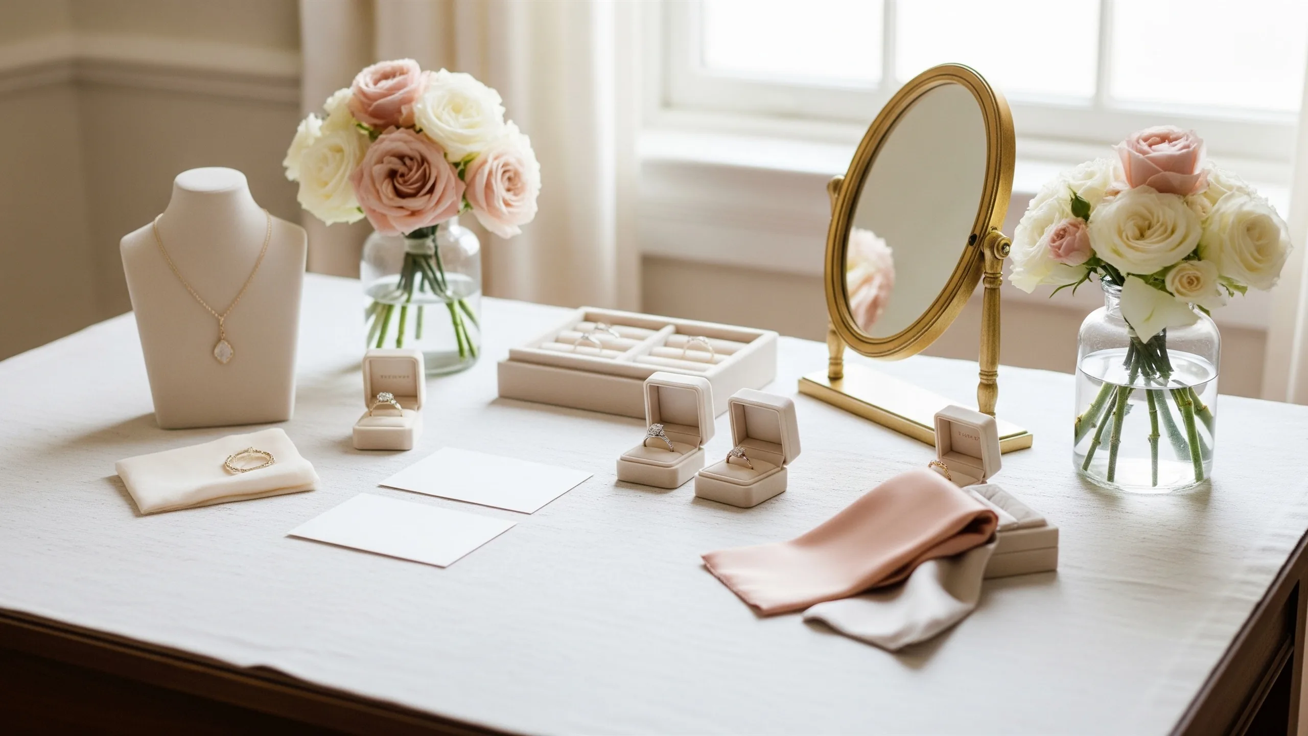 An elegant jewellery consultation table with ring boxes, blank cards, flowers and silk swatches, no readable text, styled view