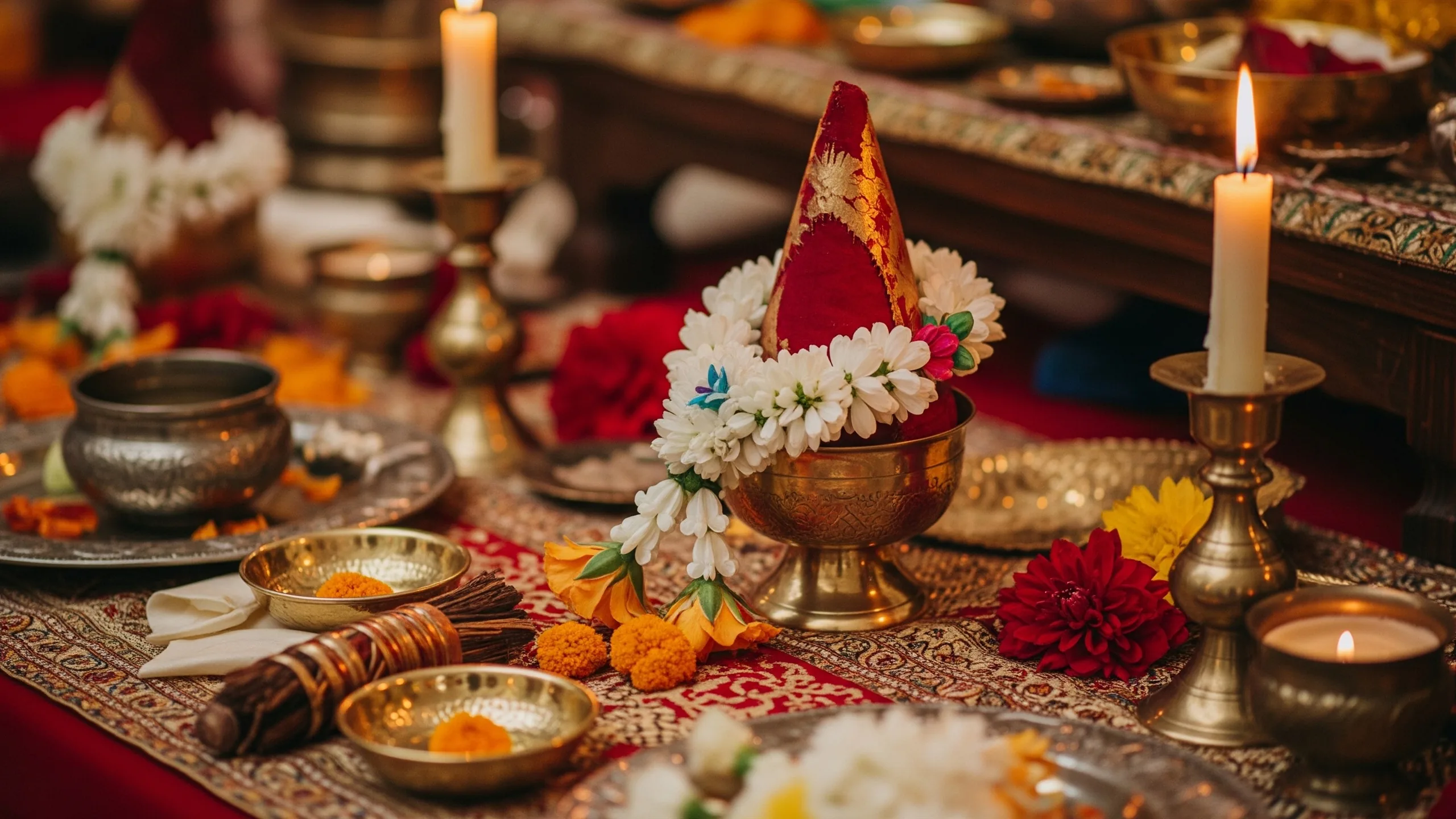 A close detail of mixed cultural ritual objects arranged respectfully on silk and linen, flowers, candles and brass with no text, close-up detail