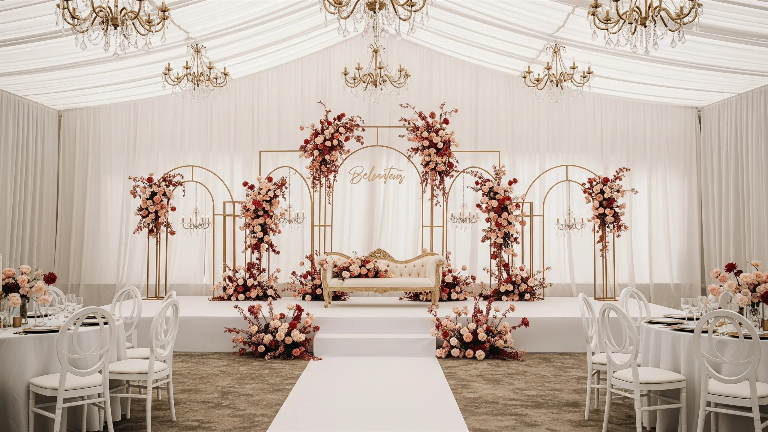 A luxury reception stage combining two decor traditions through balanced florals, arches, chandeliers and elegant seating, no signage, in context