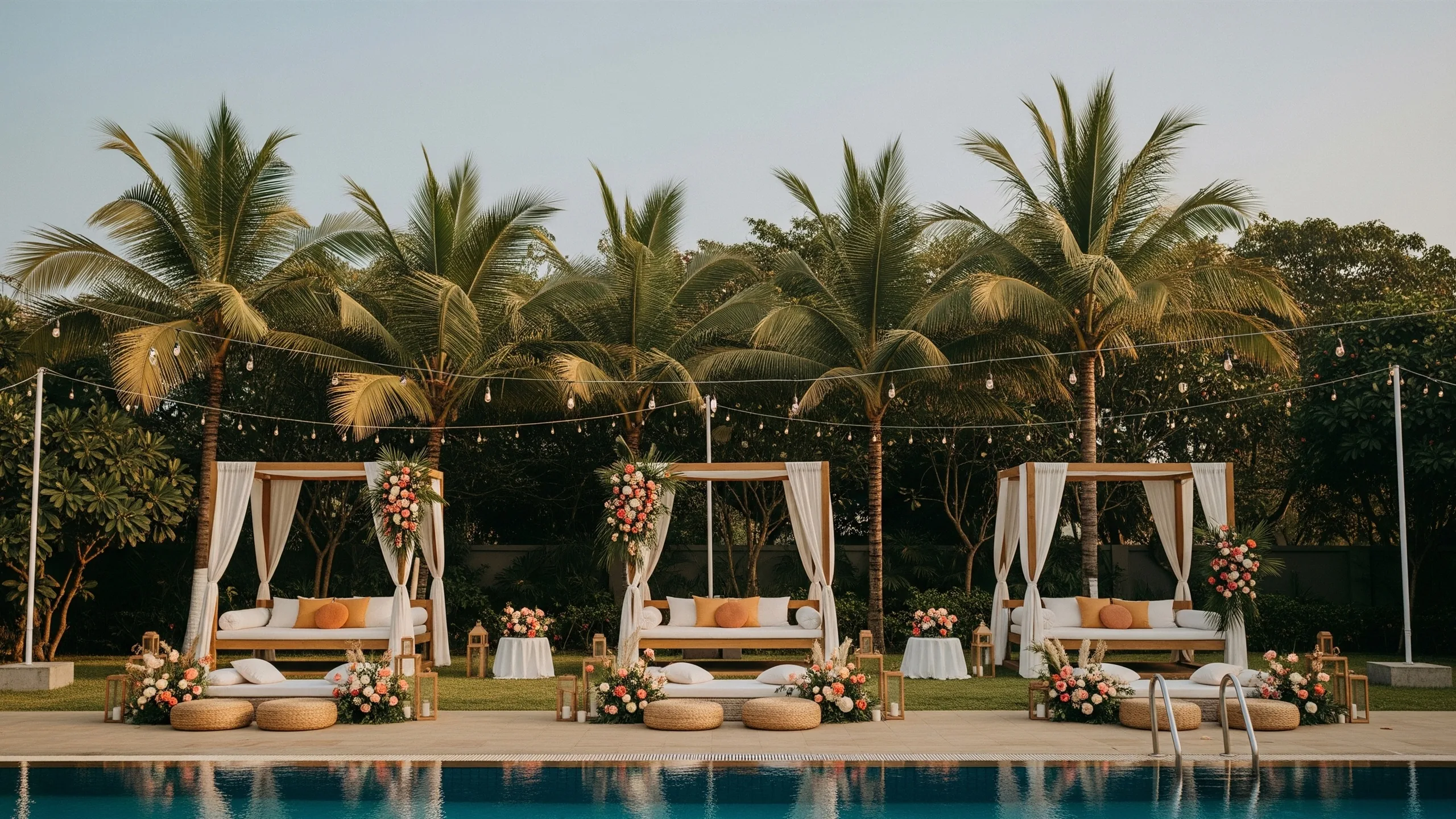 A poolside Goa resort wedding lounge in context, cabana seating, string lights, in context