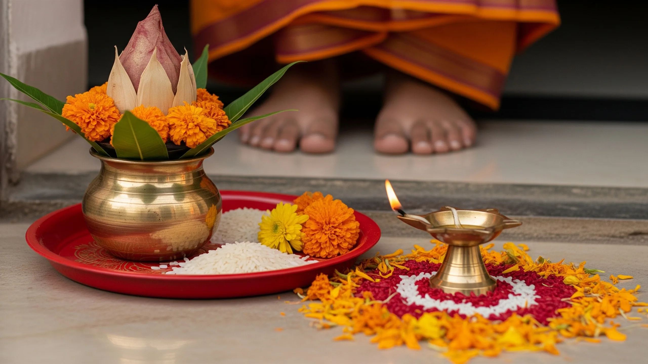 A close detail of kalash, red alta tray, rice, flowers and brass diya on a polished threshold, no feet, close-up detail