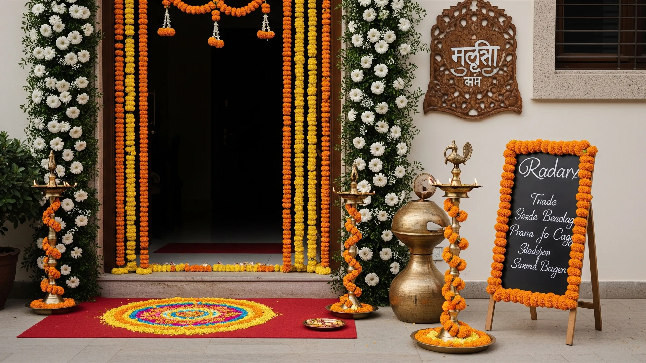 An elegant post-wedding home entrance with floral garlands, lamps, rangoli and rich doorway decor, no signage, in context