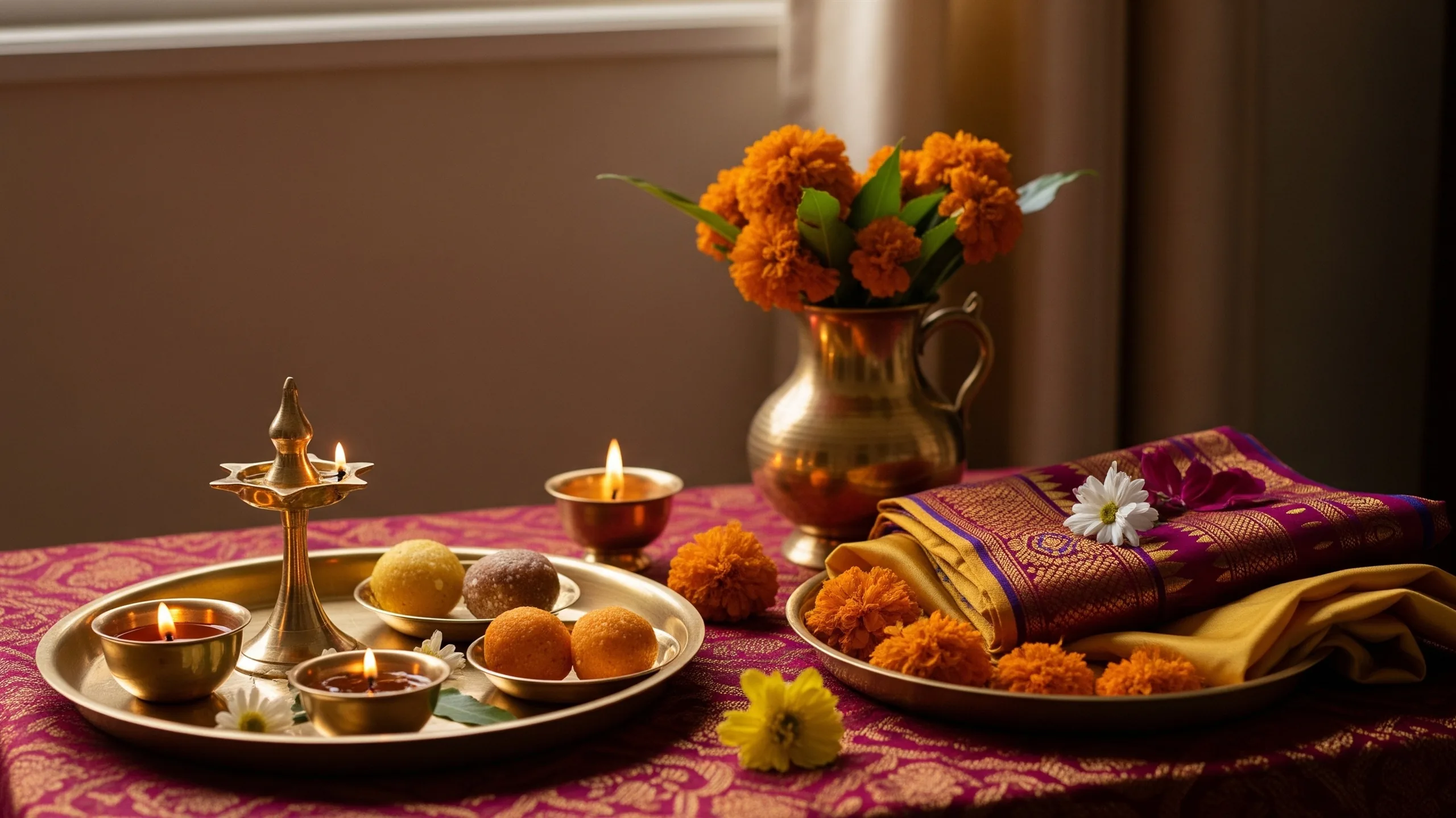 A refined ritual table inside the home with brass thali, sweets, flowers and silk cloth, styled view