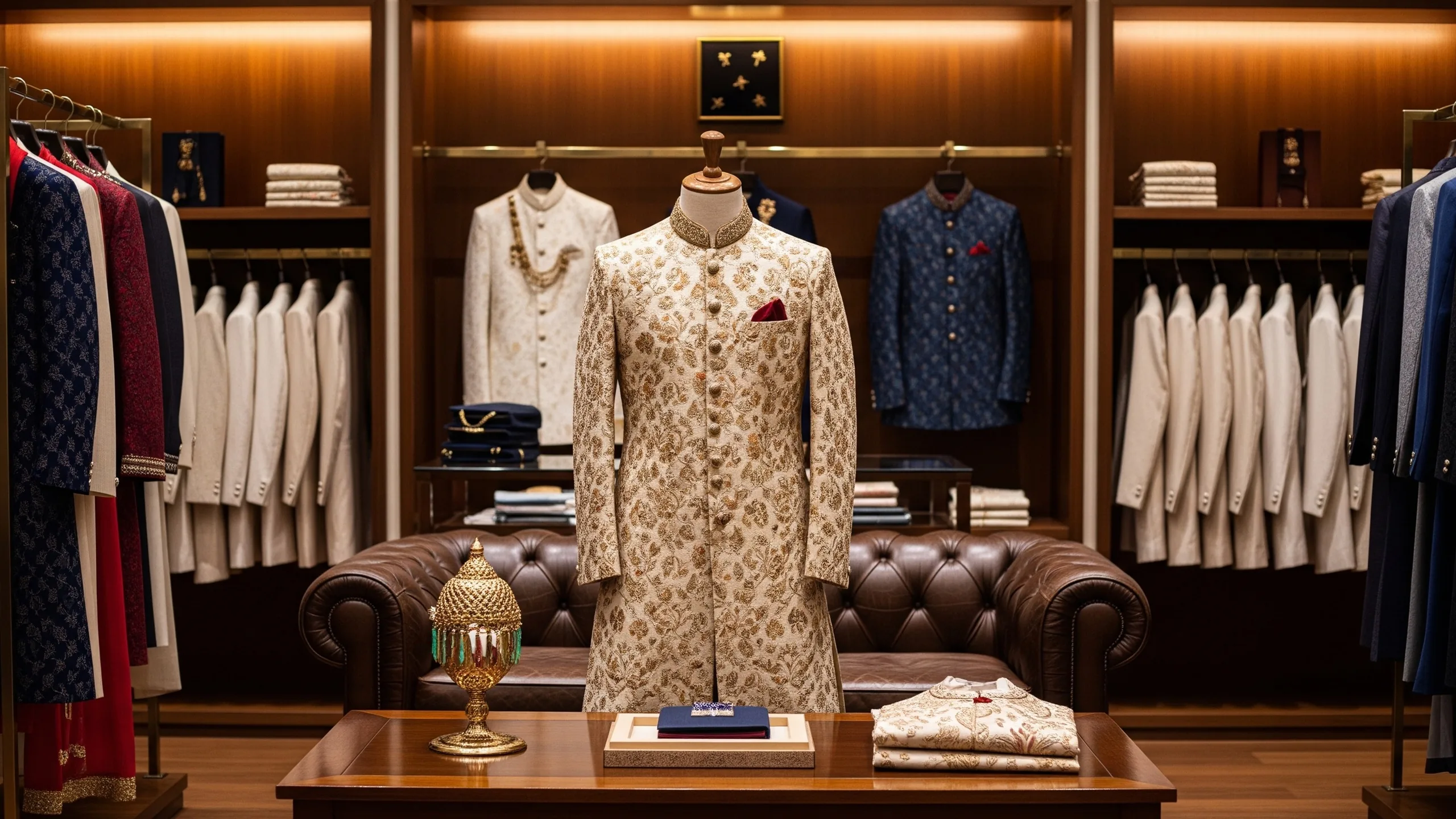 A high-end menswear boutique scene with sherwanis and bandhgalas on elegant hangers, leather seating and warm showroom light, no mannequins, in context