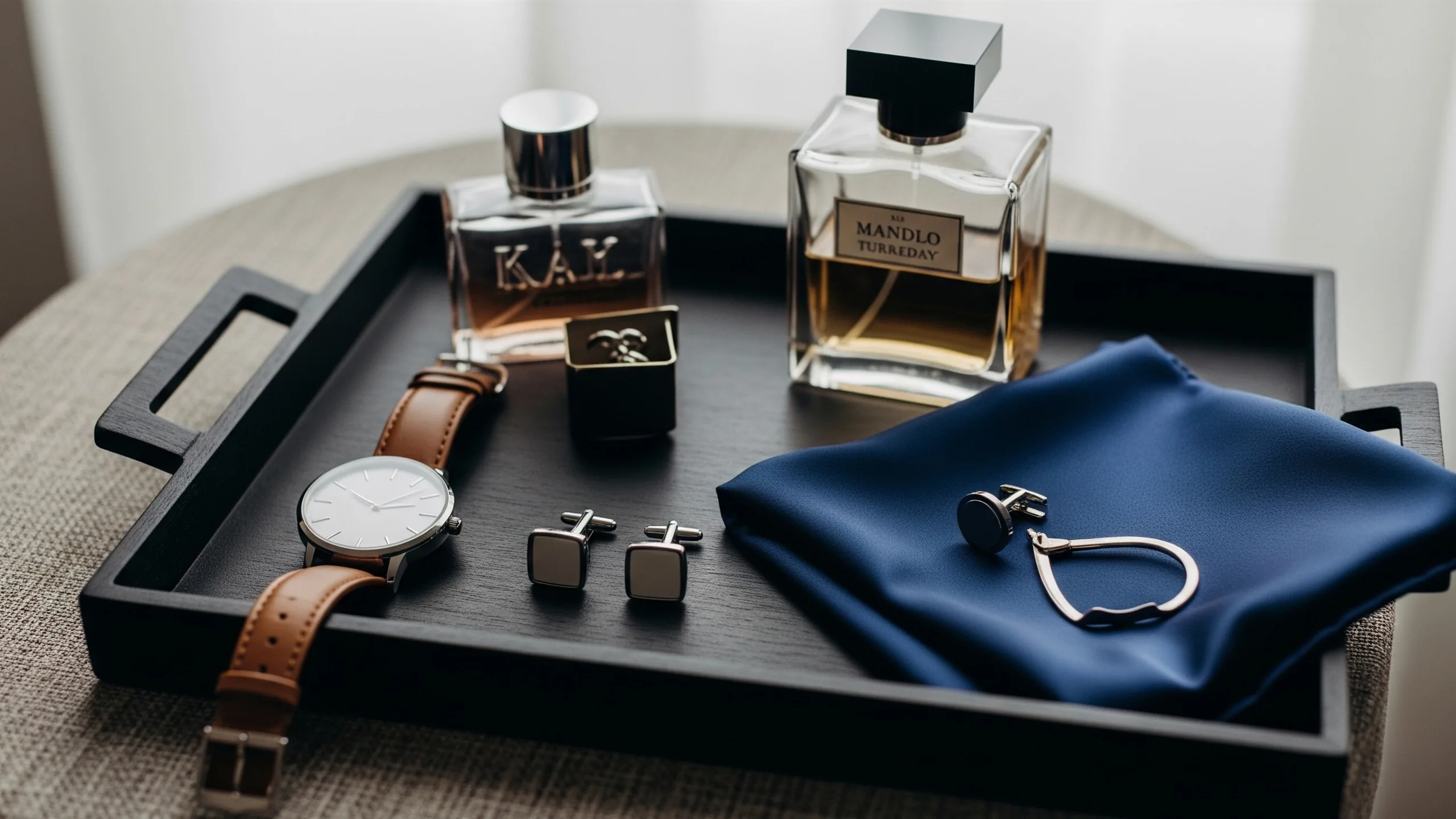 A groom accessories tray with watch face blank, cufflinks, kalgi, perfume bottle turned away and silk pocket square, no brand marks, styled view