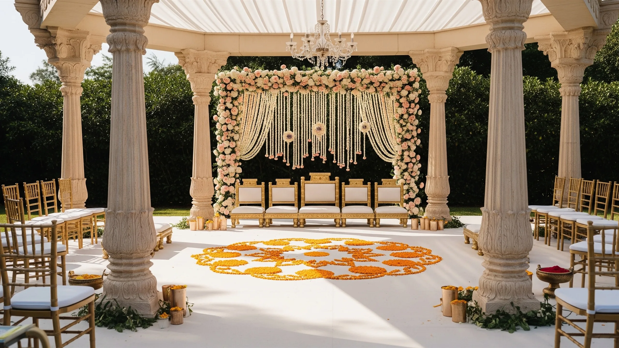 An elegant pheras-ready ceremony layout with circular floral floor design, in context