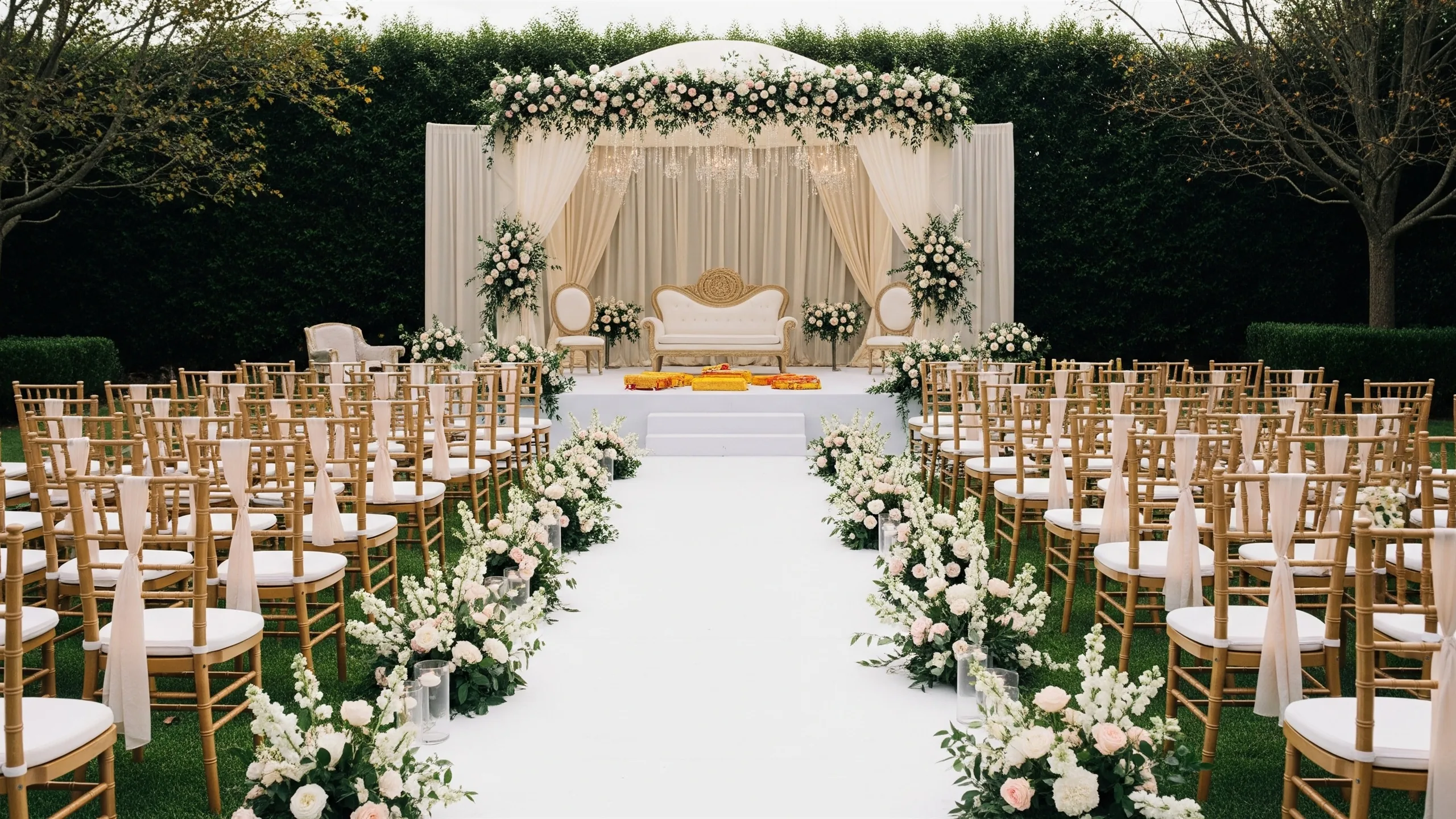 A premium Hindu wedding guest-view setup with decorated chairs facing a majestic mandap, clear aisle and layered flowers, styled view