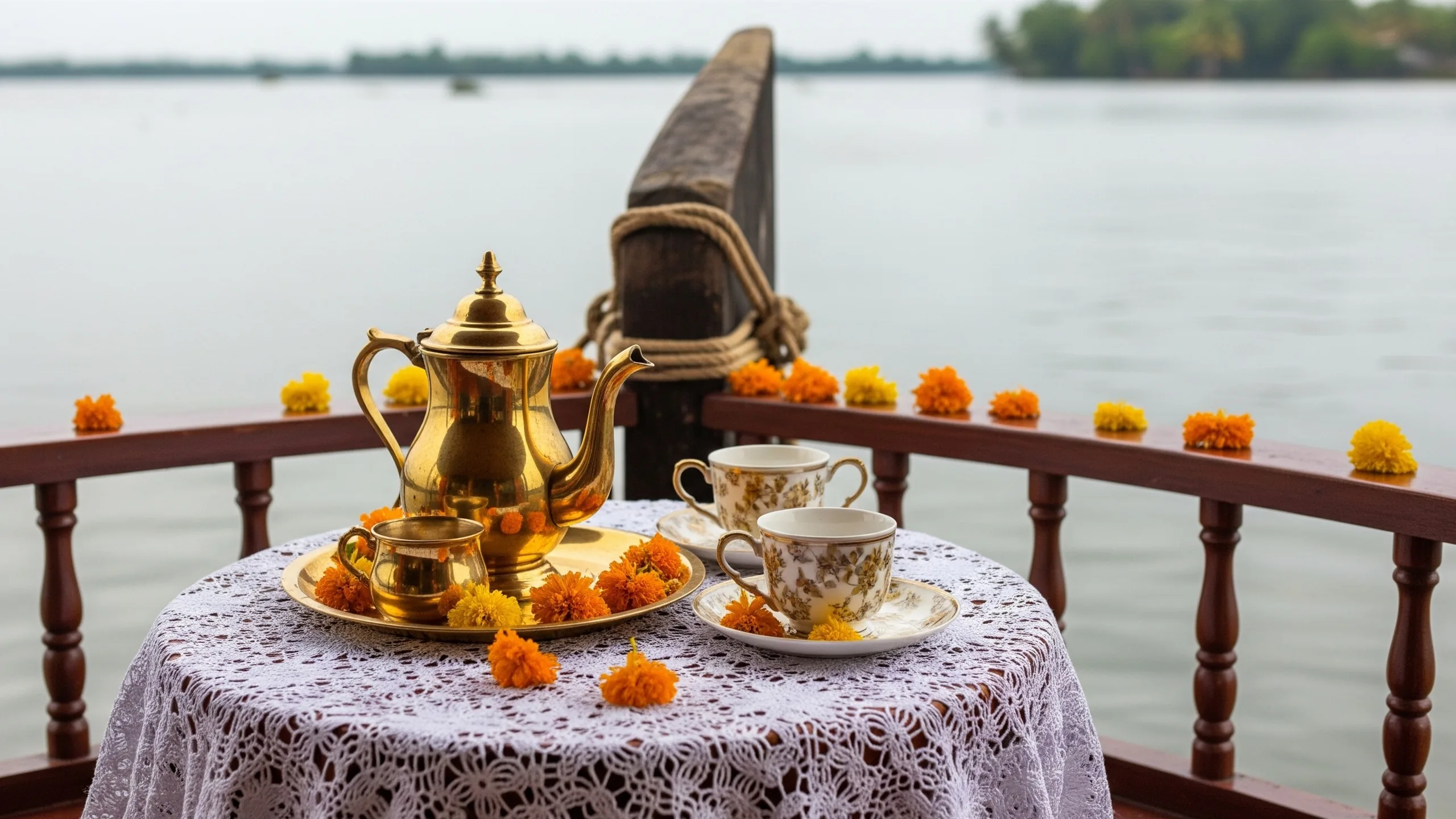 A premium Kerala backwater houseboat deck with floral touches, brass tea service and calm water view, close-up detail