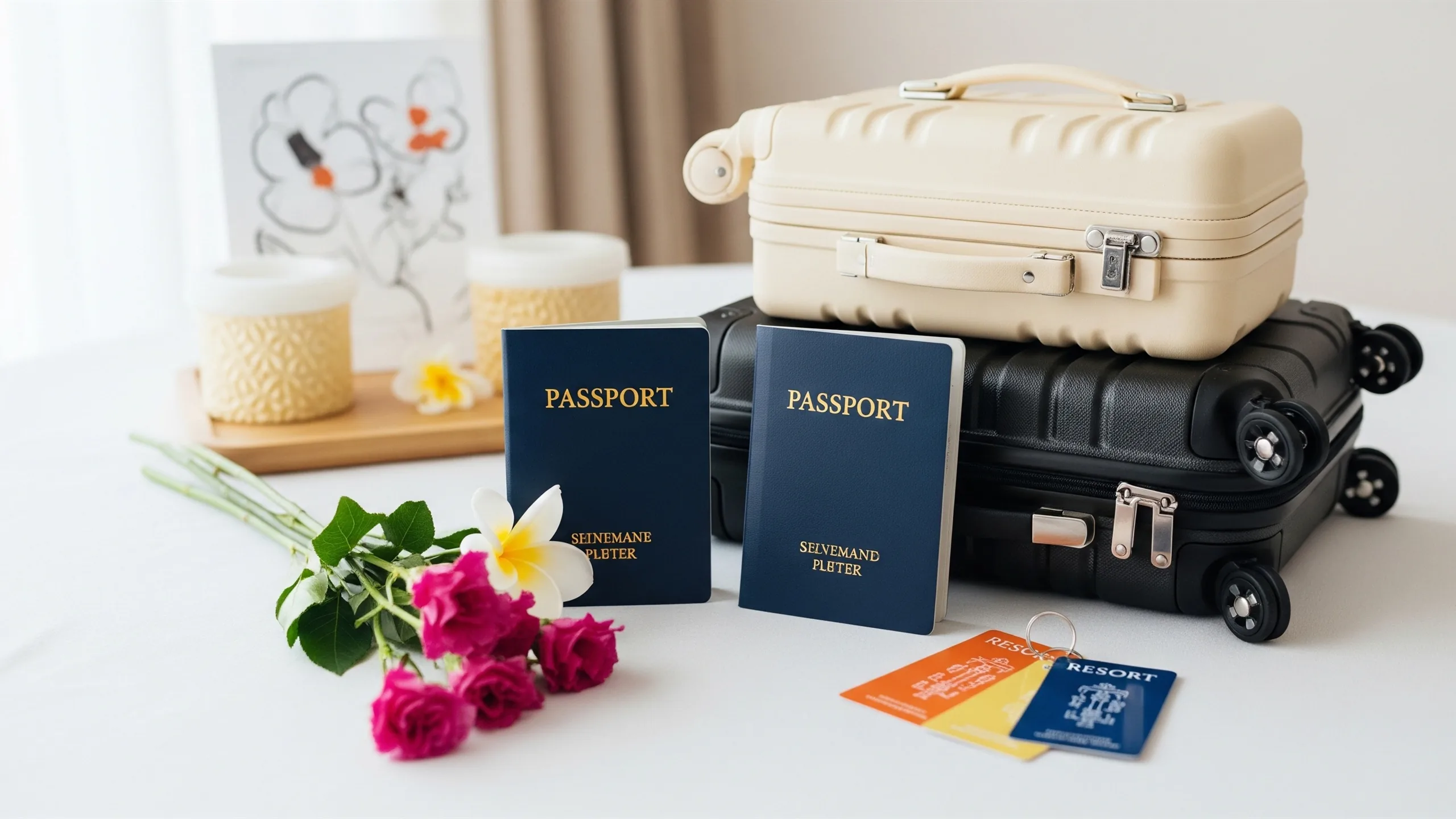 A refined travel planning still life with blank passport covers, luggage, flowers and resort key cards turned away, no readable text, styled view