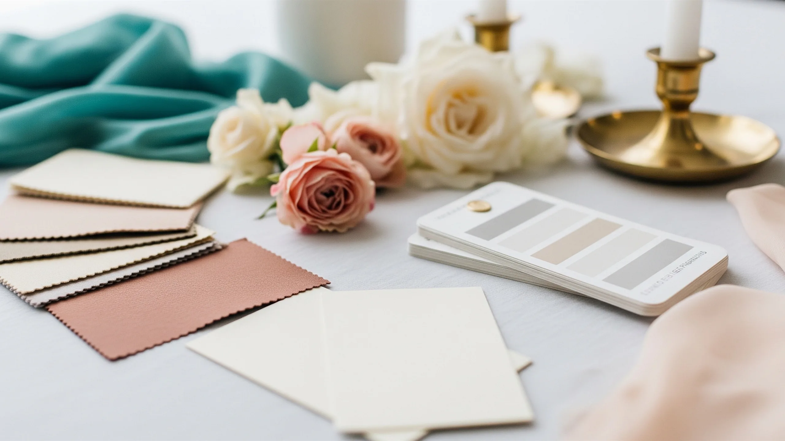 A close detail of luxury planner materials: silk swatches, flower samples, candleholders and blank color cards, no labels, close-up detail