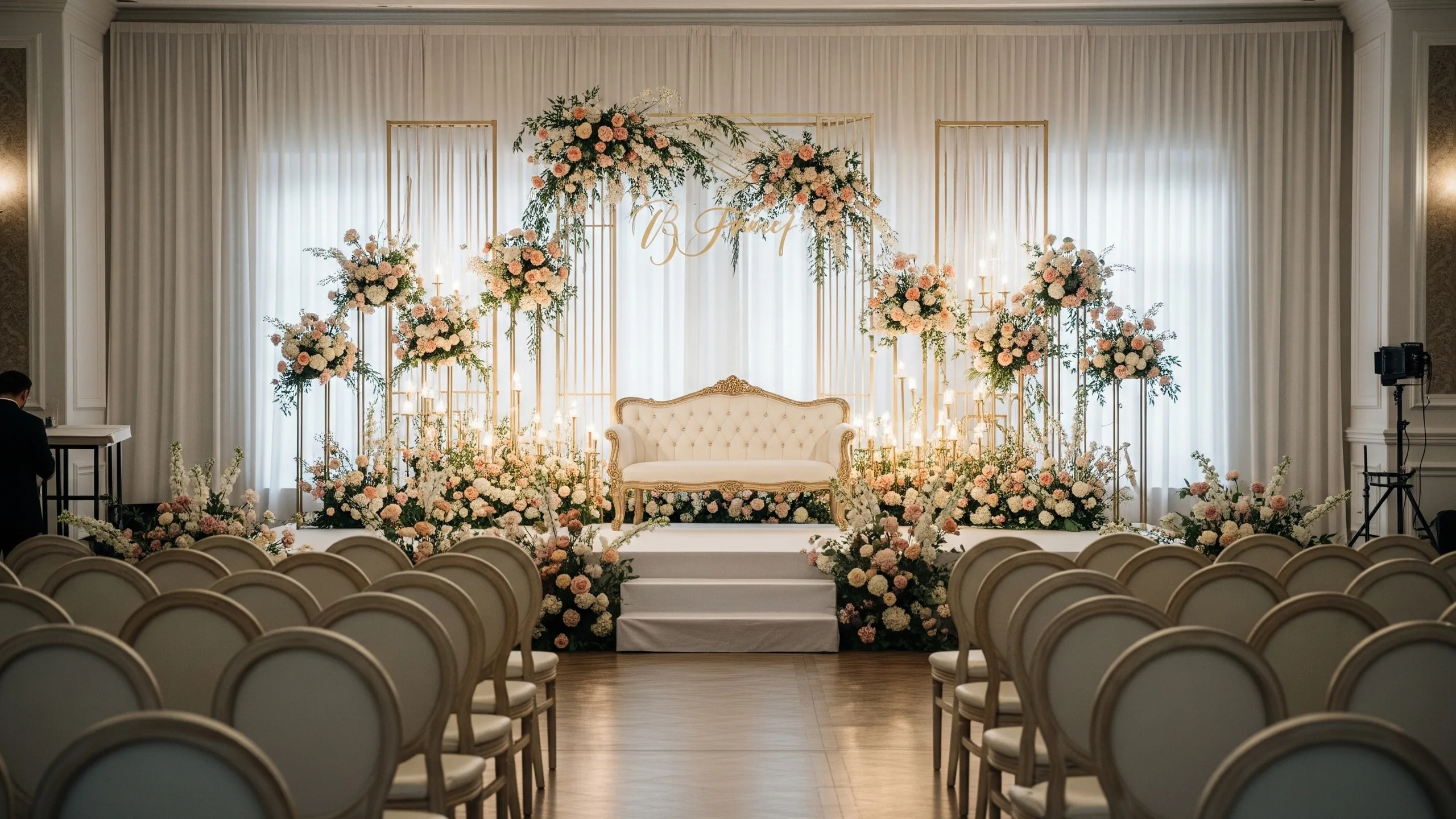 A grand venue walkthrough scene with decorated stage mockup, lighting tests, floral samples and empty chairs, in context