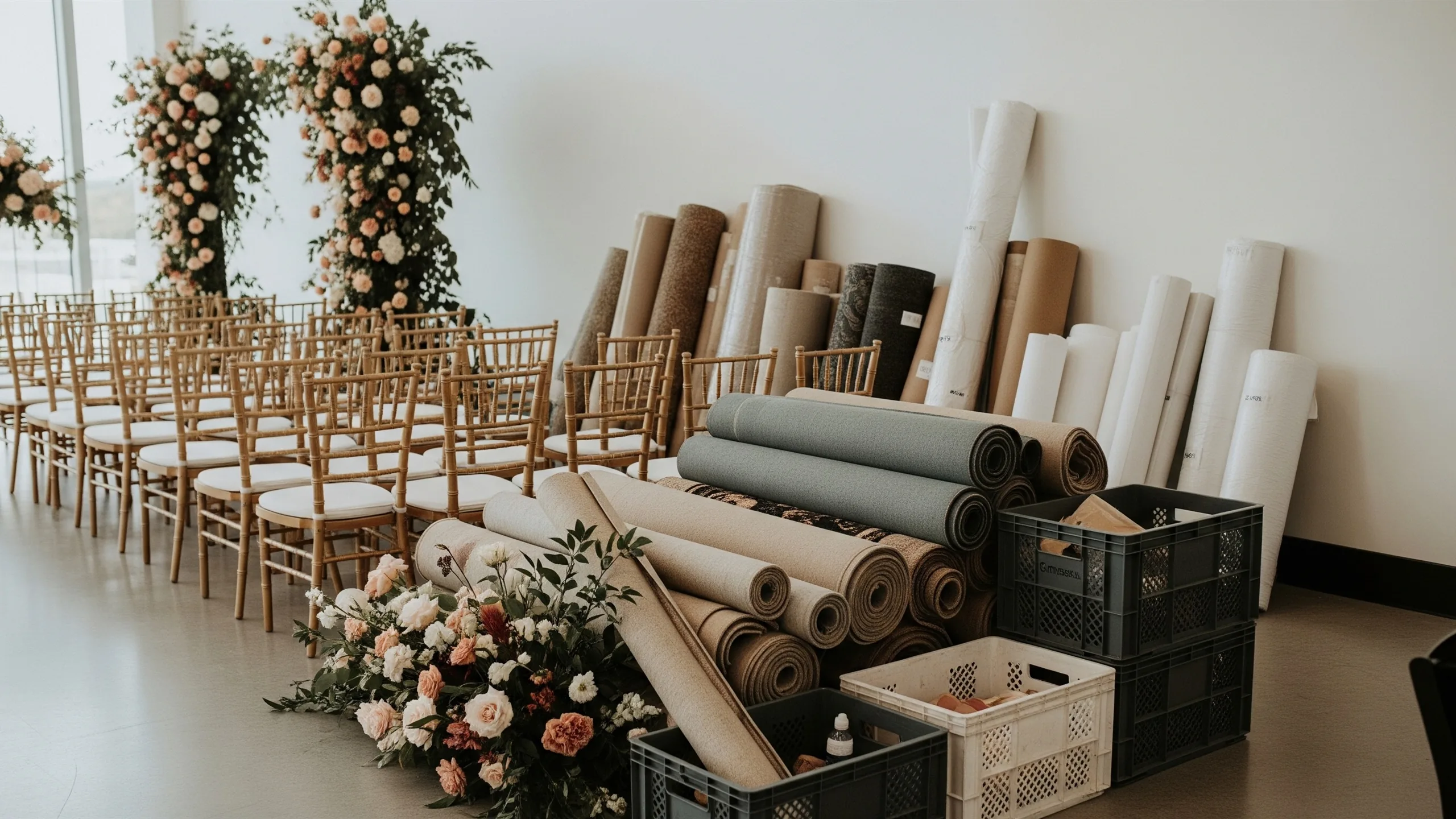 A venue mid-setup scene with grand floral stage pieces, rolled carpets, premium chairs and organized decor crates with no labels, close-up detail
