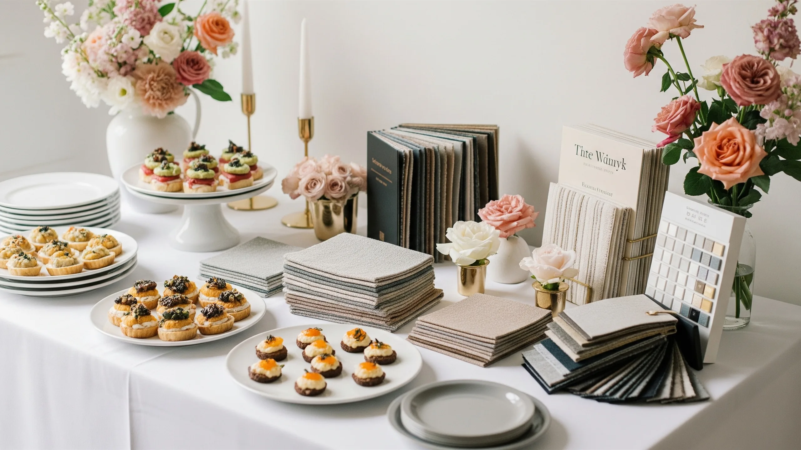 A luxury fast-planning vendor sample table with catering tasting plates, decor samples, fabric, lighting swatches and flowers, no labels, in context
