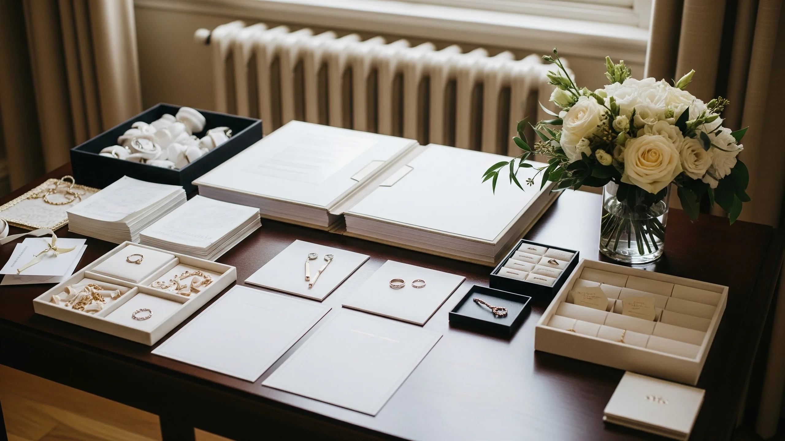 An elegant final-month wedding prep scene with packed decor trays, blank folders, rings and florals in a refined room, no text, styled view