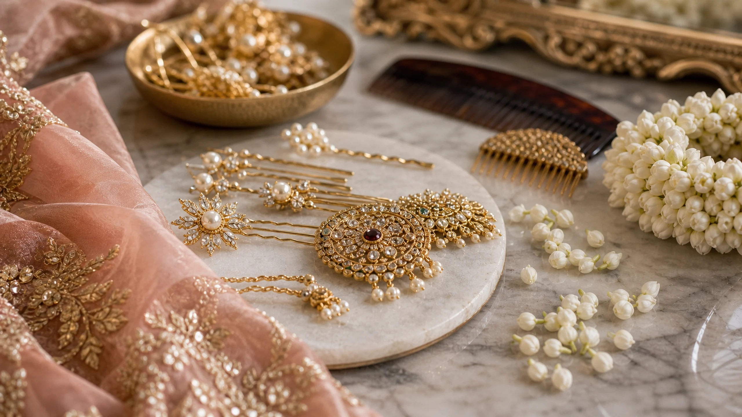 A close detail of bridal hair accessories: gold juda pins, pearl pins, maang tikka, jasmine gajra, combs and embroidered dupatta fabric on a marble vanity, realistic metal and flower texture, close-up detail