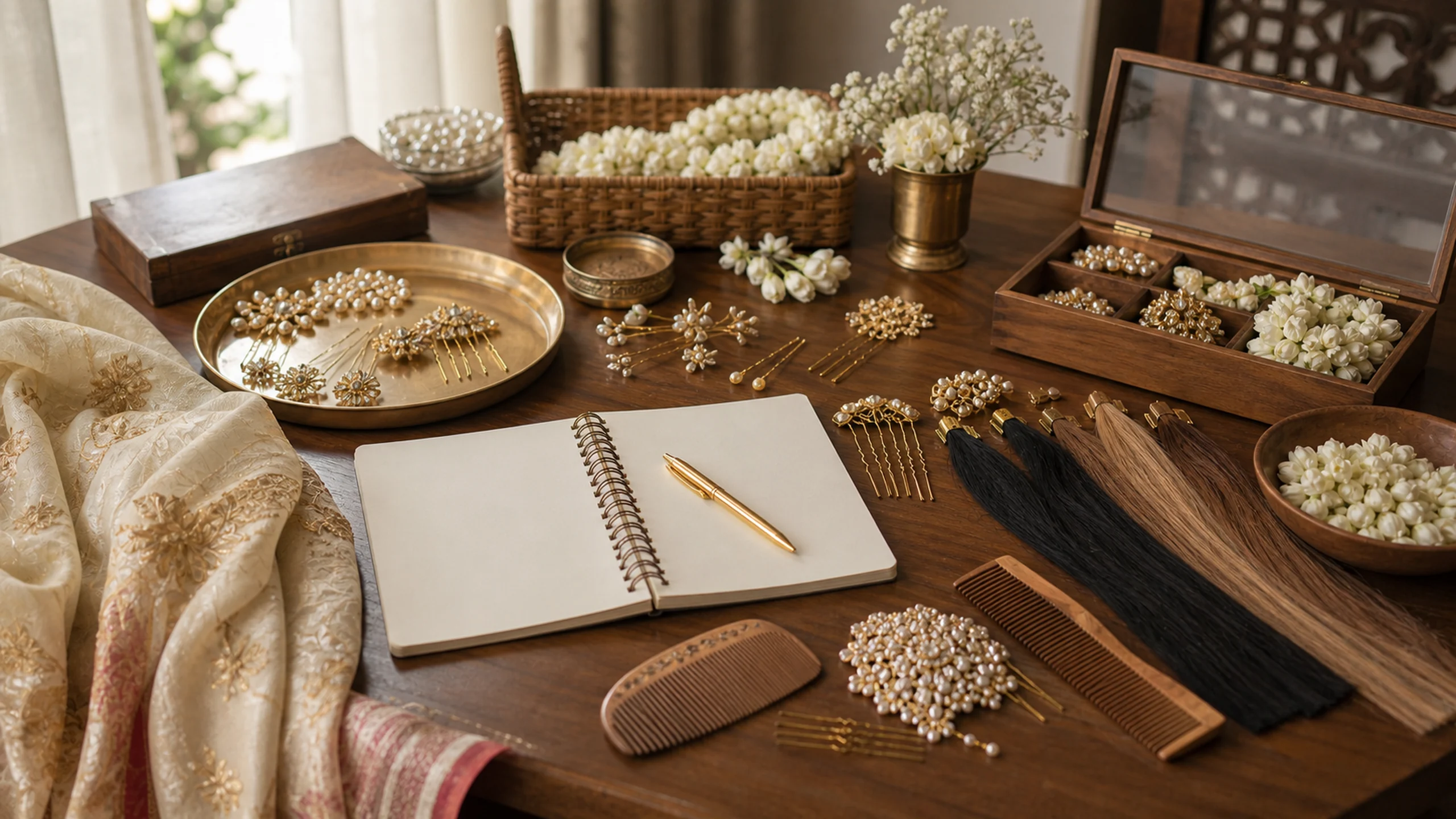A polished bridal hair trial setup with blank notes, curling tools unplugged, hair accessories, extension swatches, jewellery tray and folded dupatta on an elegant dressing table, no readable text, in context