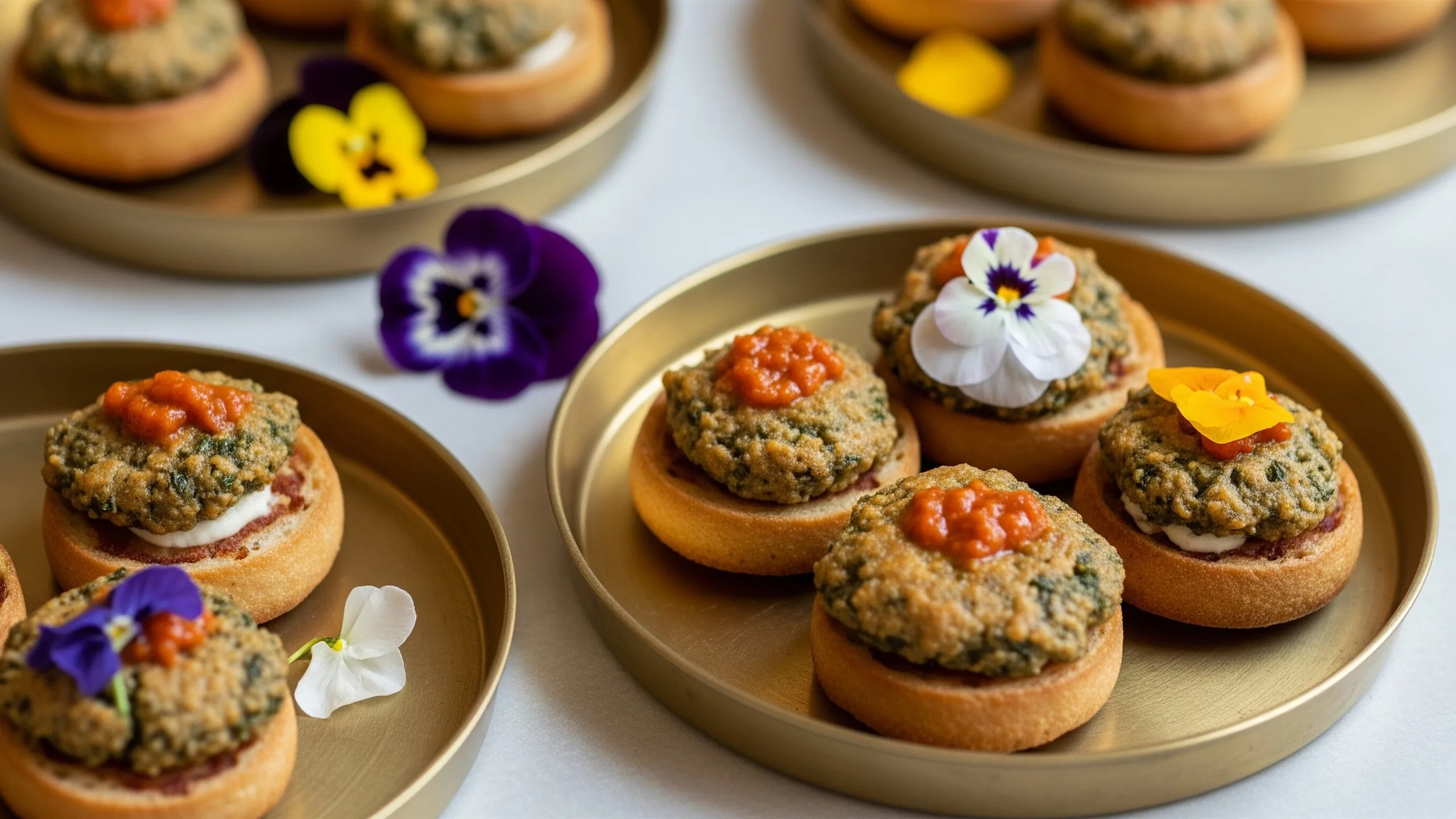 A close detail of luxury plated Indian starters on brass and ceramic serveware with edible flowers, no labels, close-up detail