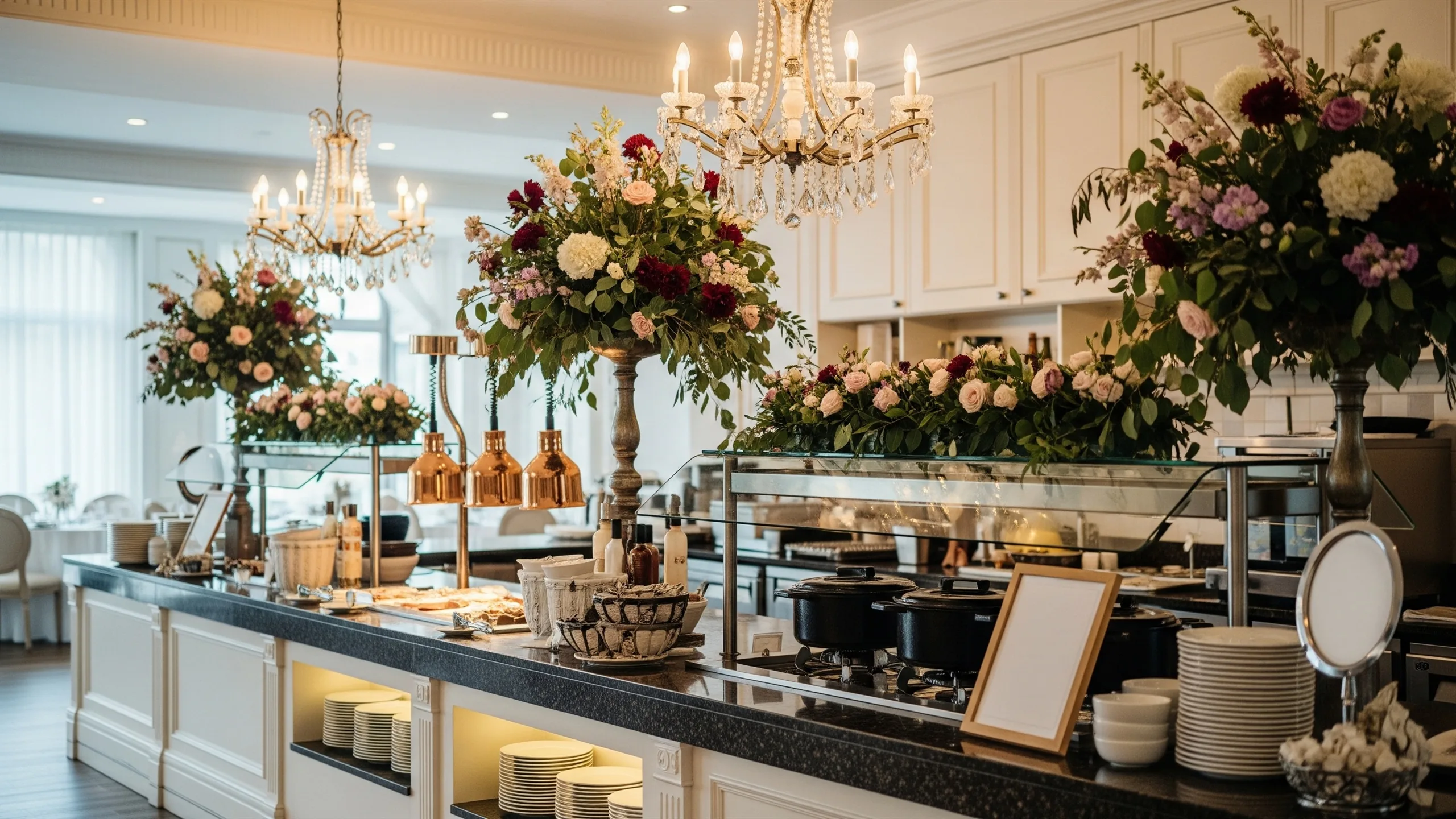 A grand buffet island with live-counter styling, chandeliers, floral garlands and polished service counters, all signage blank or absent, in context