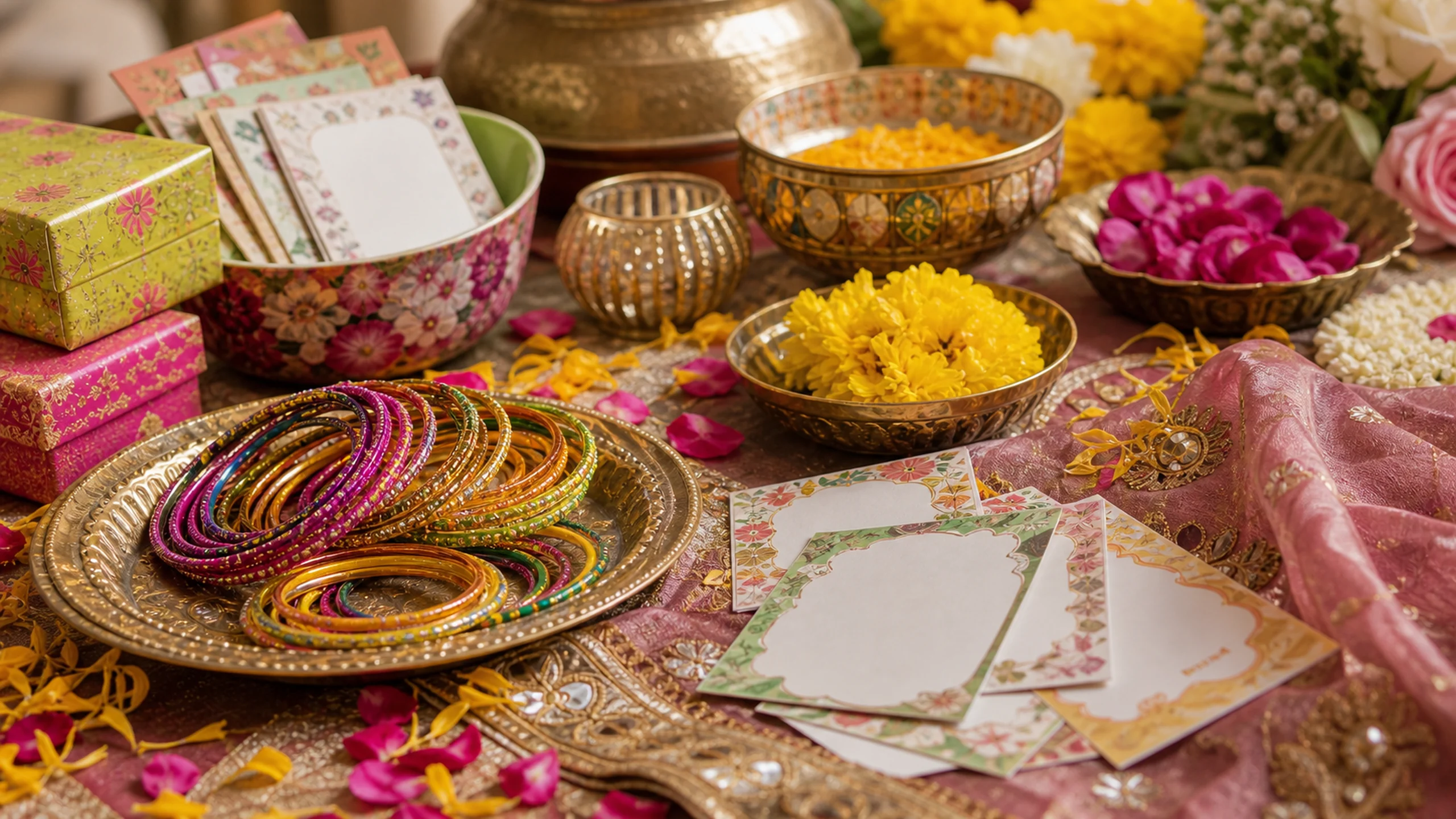 A close detail of mehndi and haldi game props with bangles, flower petals, blank cards, decorated bowls, small prize boxes and brass accents on embroidered fabric, no readable text, close-up detail