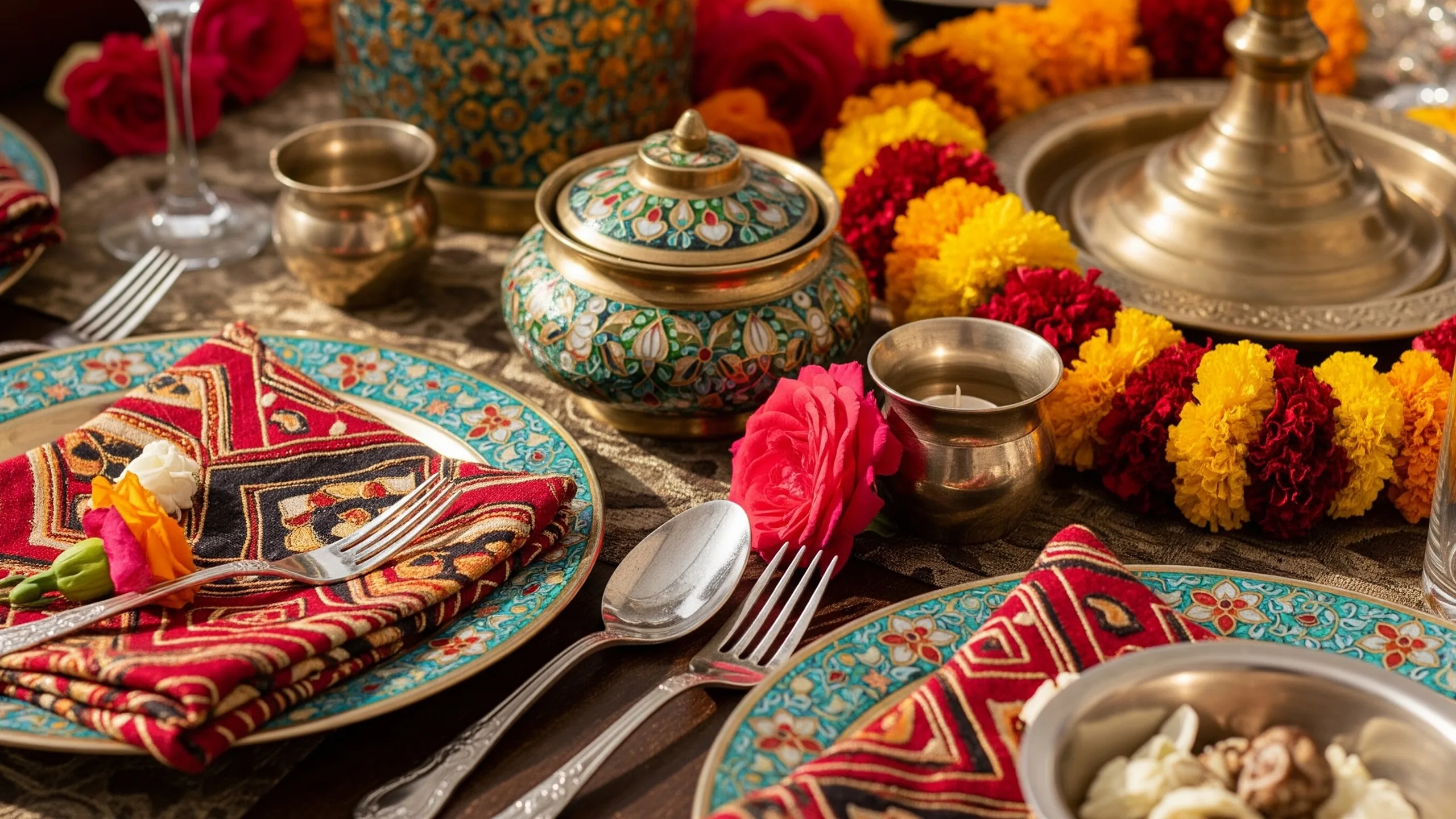A close detail of a Jaipur haveli wedding table with brass and meenakari enamel decor, marigold and rose garlands, block-print textiles and silverware, close-up detail