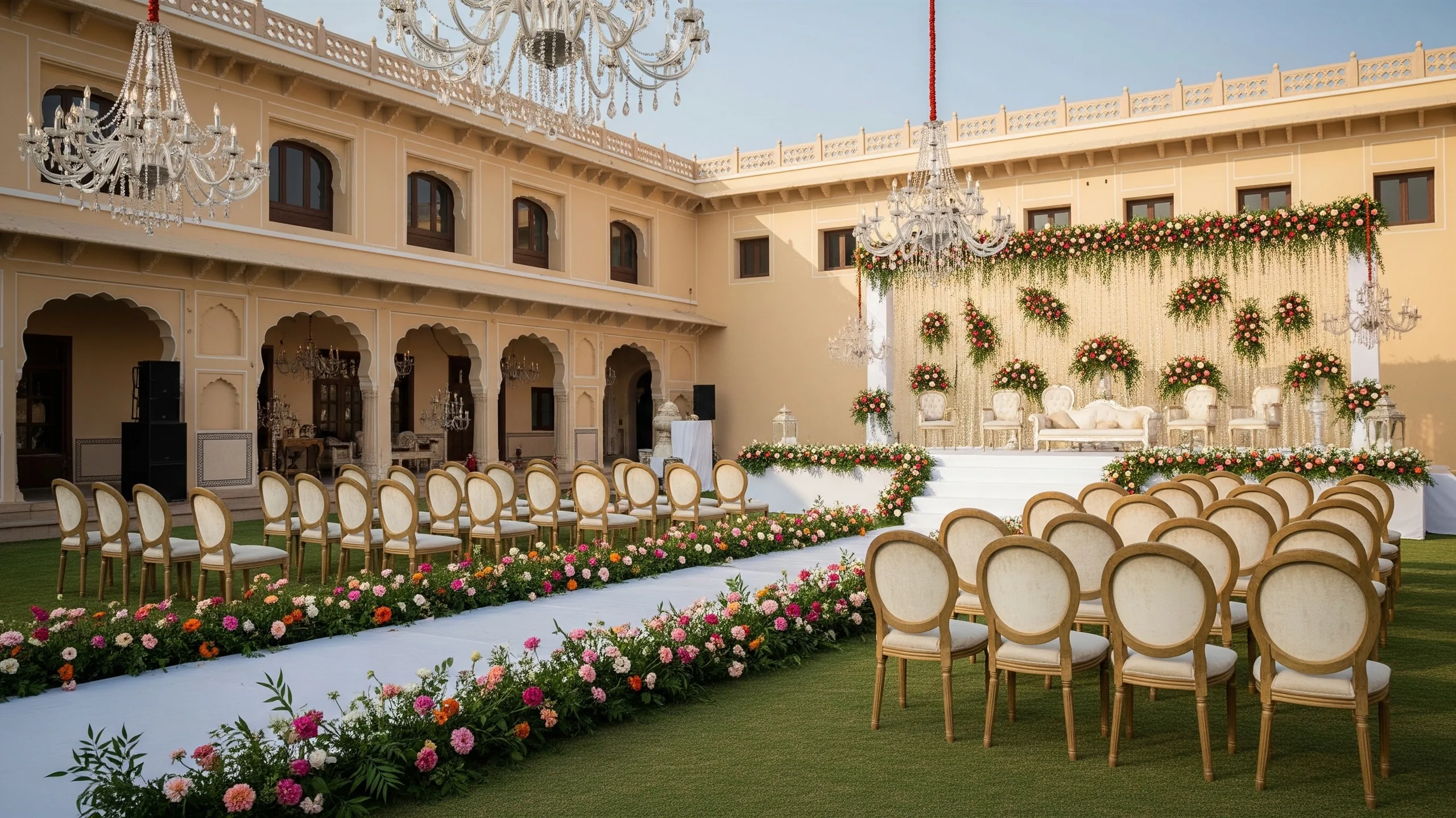 An ornate Jaipur palace-hotel lawn set for a wedding in context, chandeliers, a layered floral stage, aisle decor and elegant seating, in context