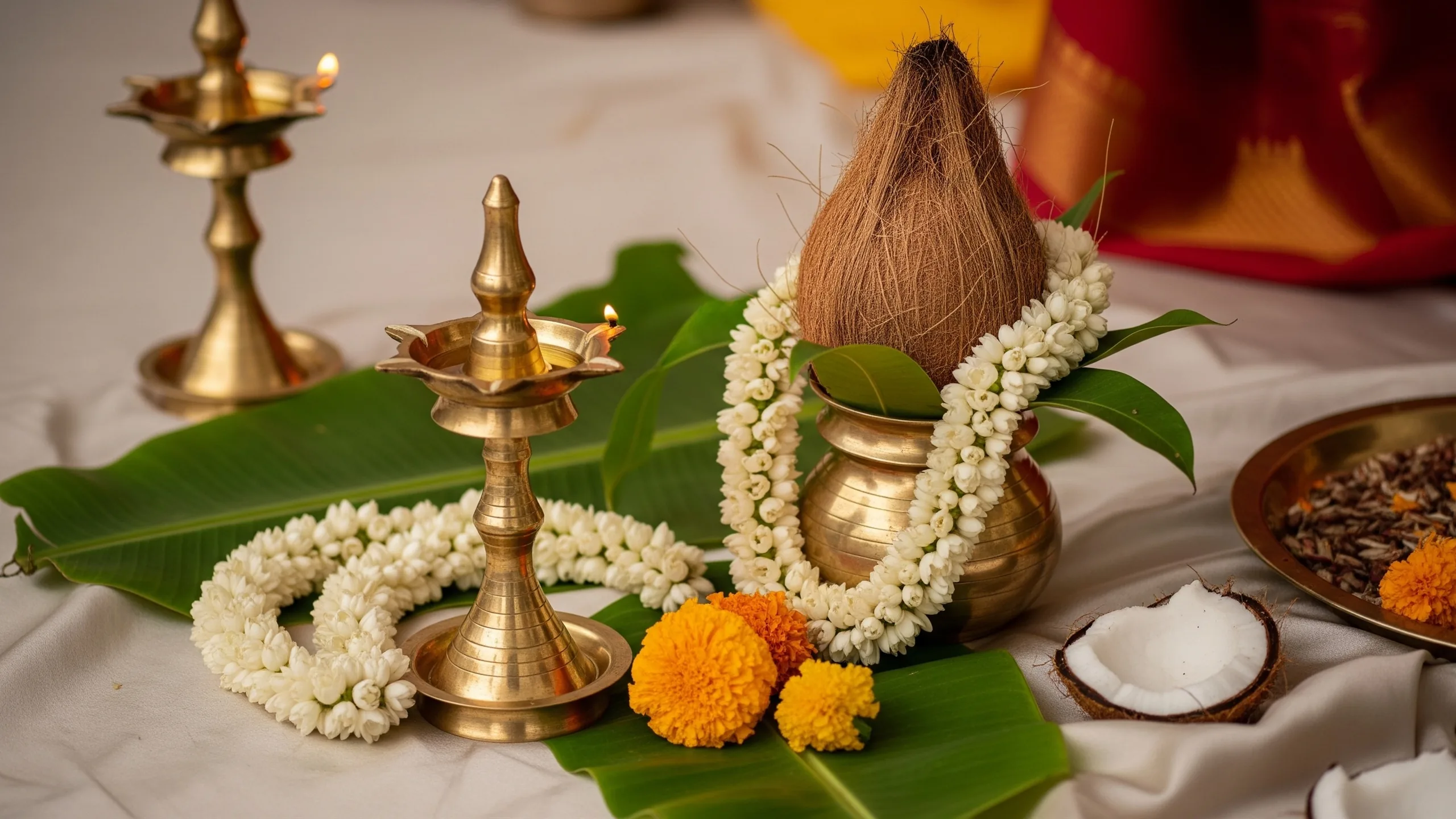 A close detail of a Kerala wedding setting with brass nilavilakku lamps, jasmine garlands, banana leaves, coconut and marigold on a silk-draped surface, close-up detail