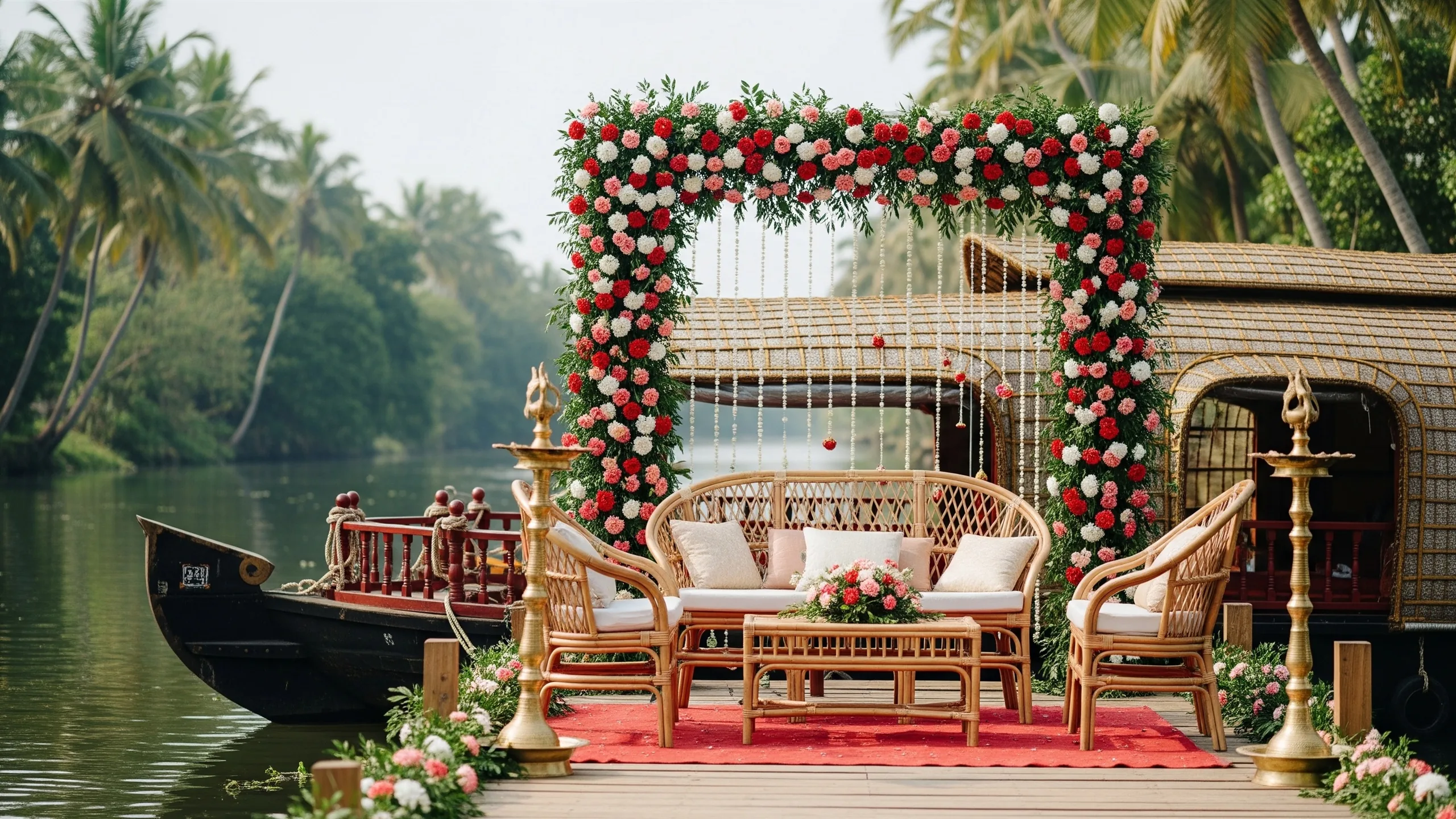 A decorated Kerala houseboat and backwater jetty for a wedding in context, a floral arch, brass lamps and lounge seating with lush greenery and still water, in context
