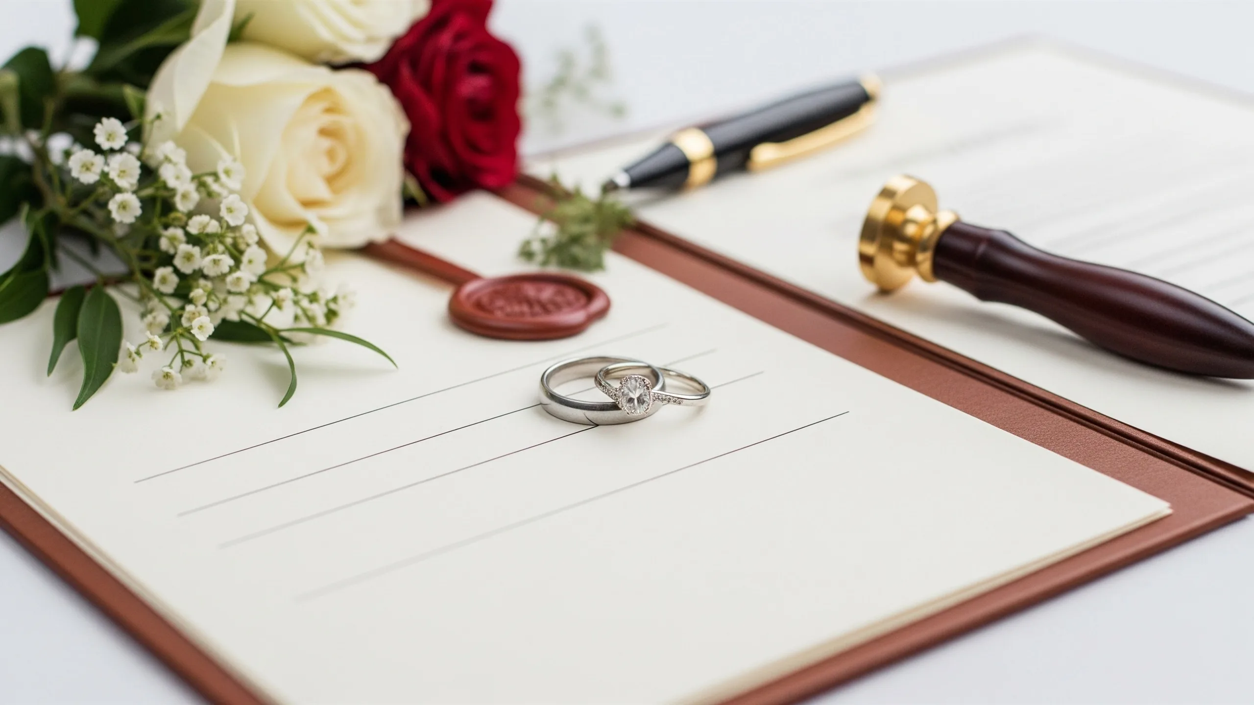 A close detail of wedding rings on a blank legal folder, wax seal, pen and flowers, all papers blank or closed, close-up detail