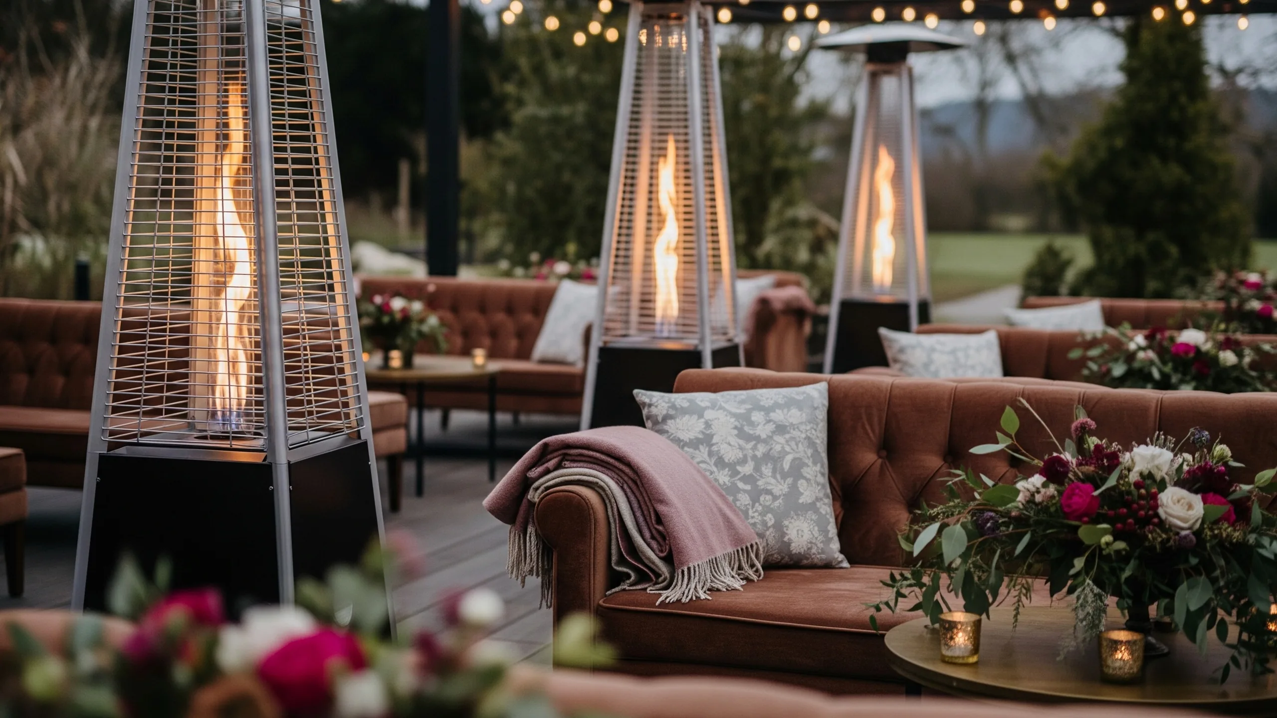 A premium winter wedding lounge with heaters, velvet seating, warm lights, shawls folded neatly and floral centerpieces, no labels, close-up detail