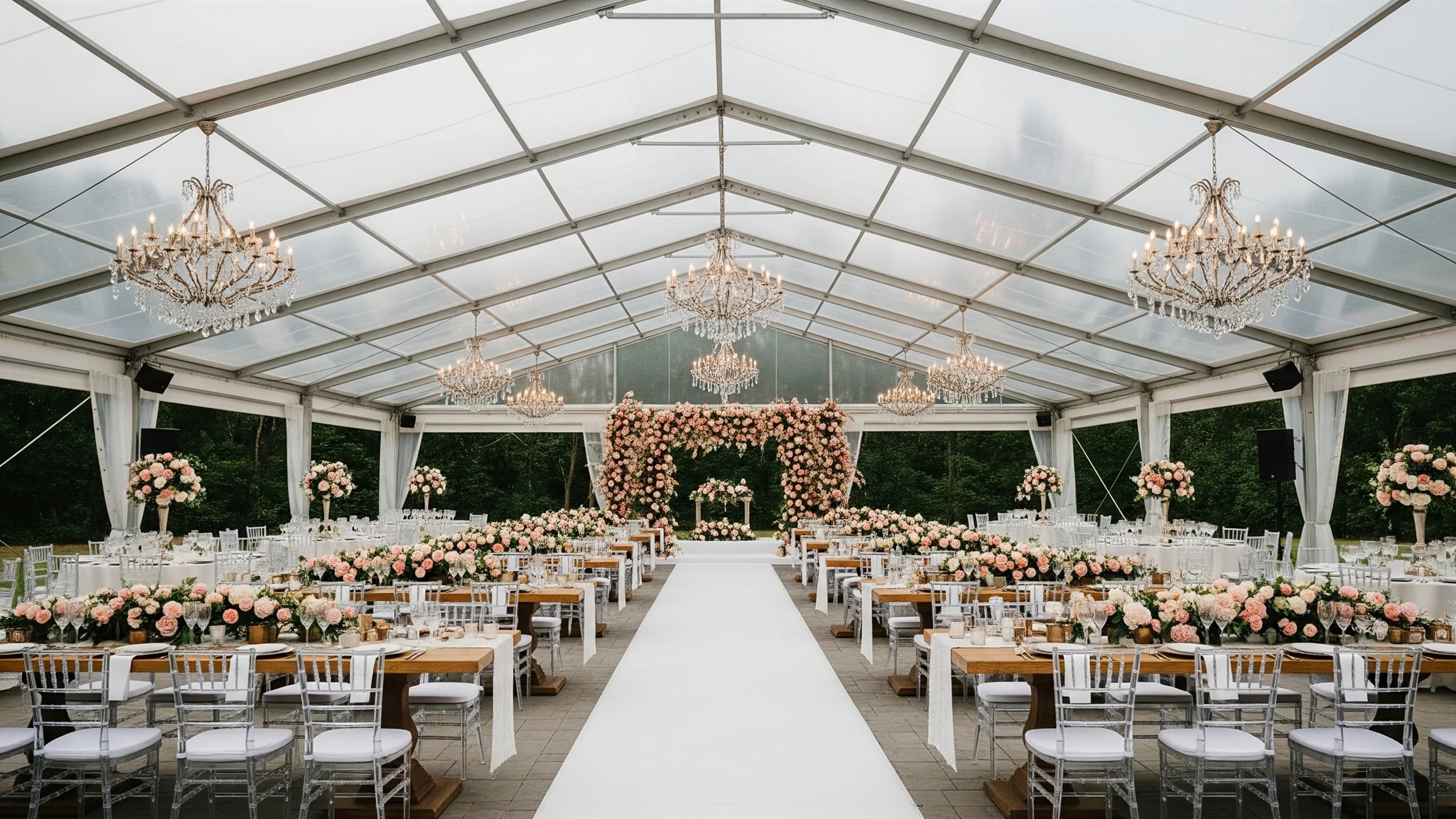 A grand covered outdoor reception with transparent roof, chandeliers, floral tables and weather-ready flooring, in context