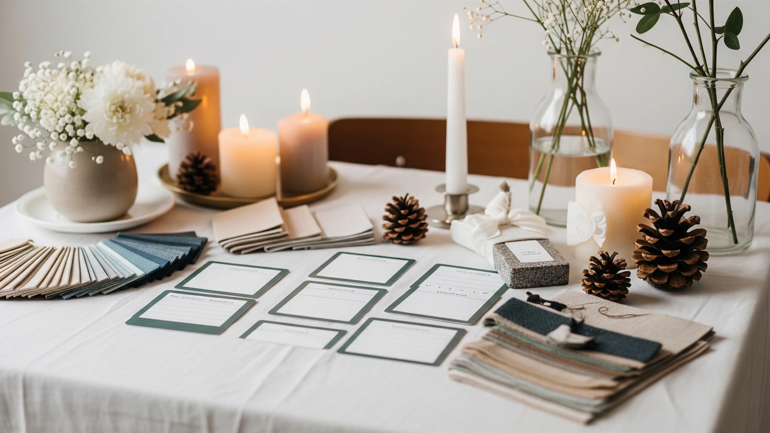 An elegant seasonal planning still life with blank weather cards, fabric swatches, candles, umbrellas with no logos and flowers, no text, styled view