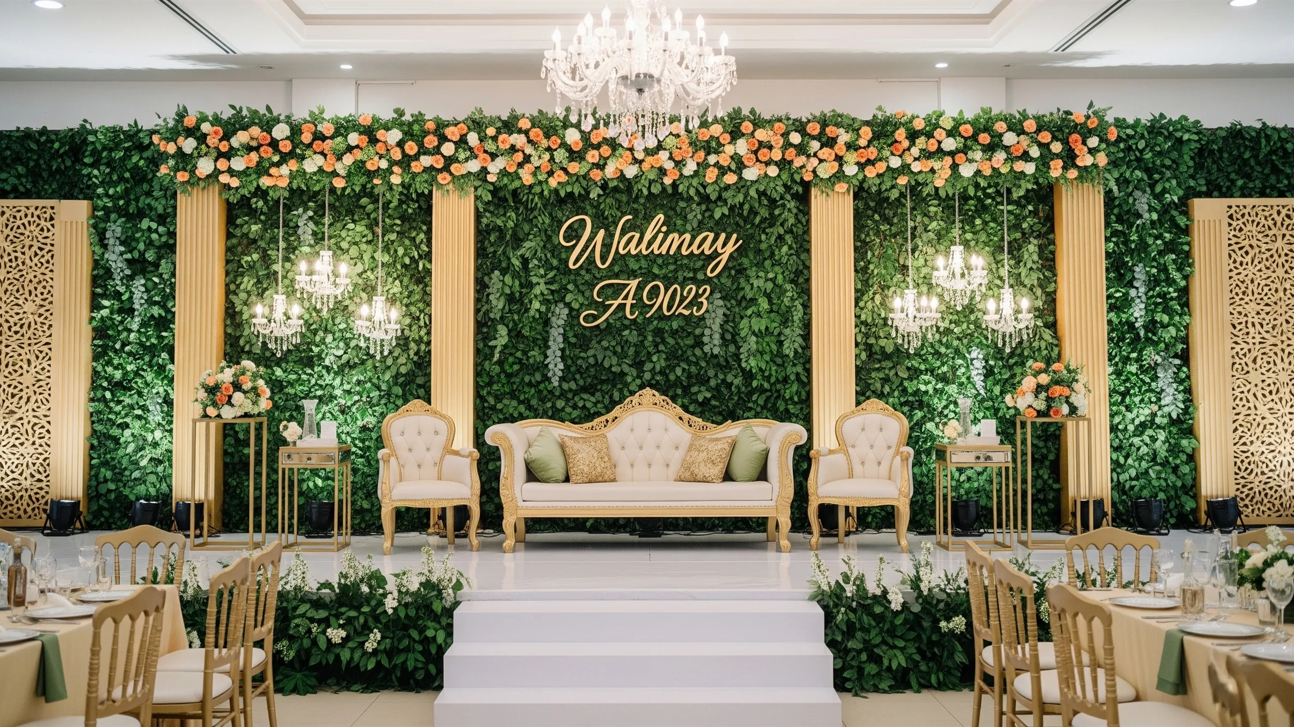 A luxury Walima reception stage with green and gold floral wall, plush seating and refined lighting, no signage, in context