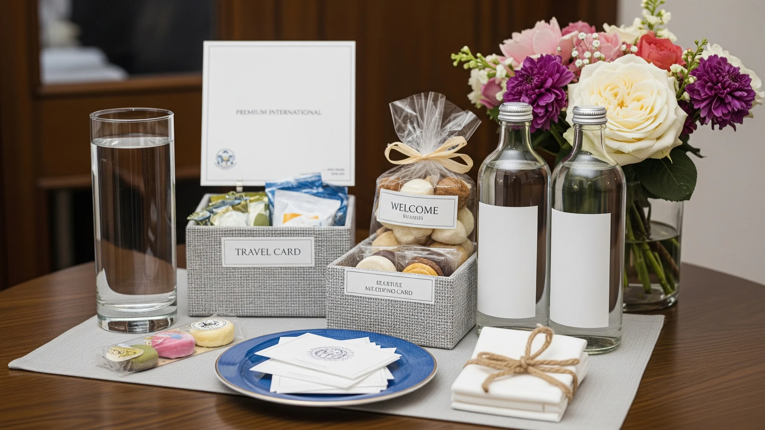 A premium international guest welcome hamper setup with blank travel cards, sweets, water bottles turned blank and floral details, no readable text, close-up detail