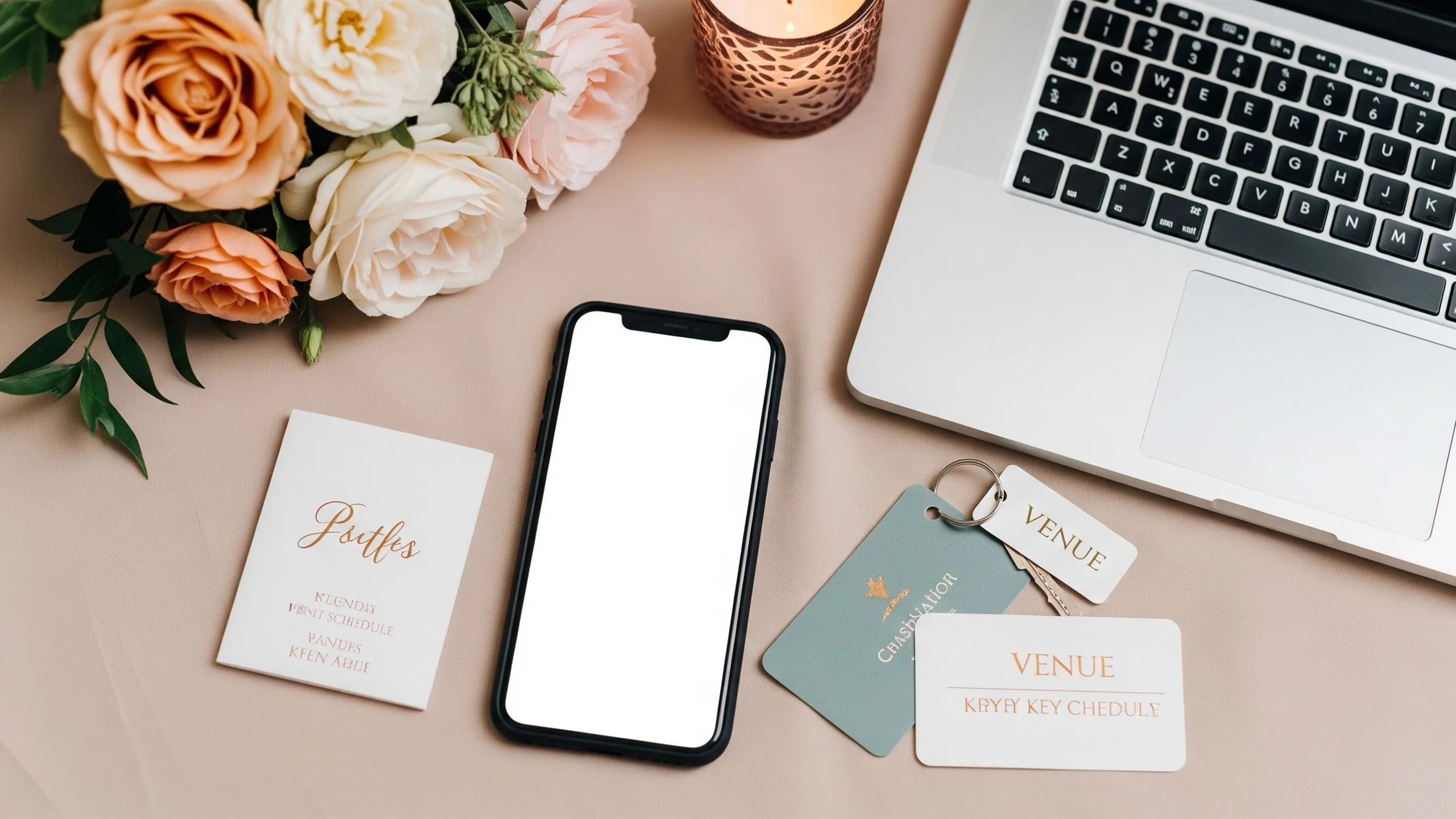 A luxury multi-event schedule mood scene with blank phone, blank laptop, florals and venue key cards turned away, styled view
