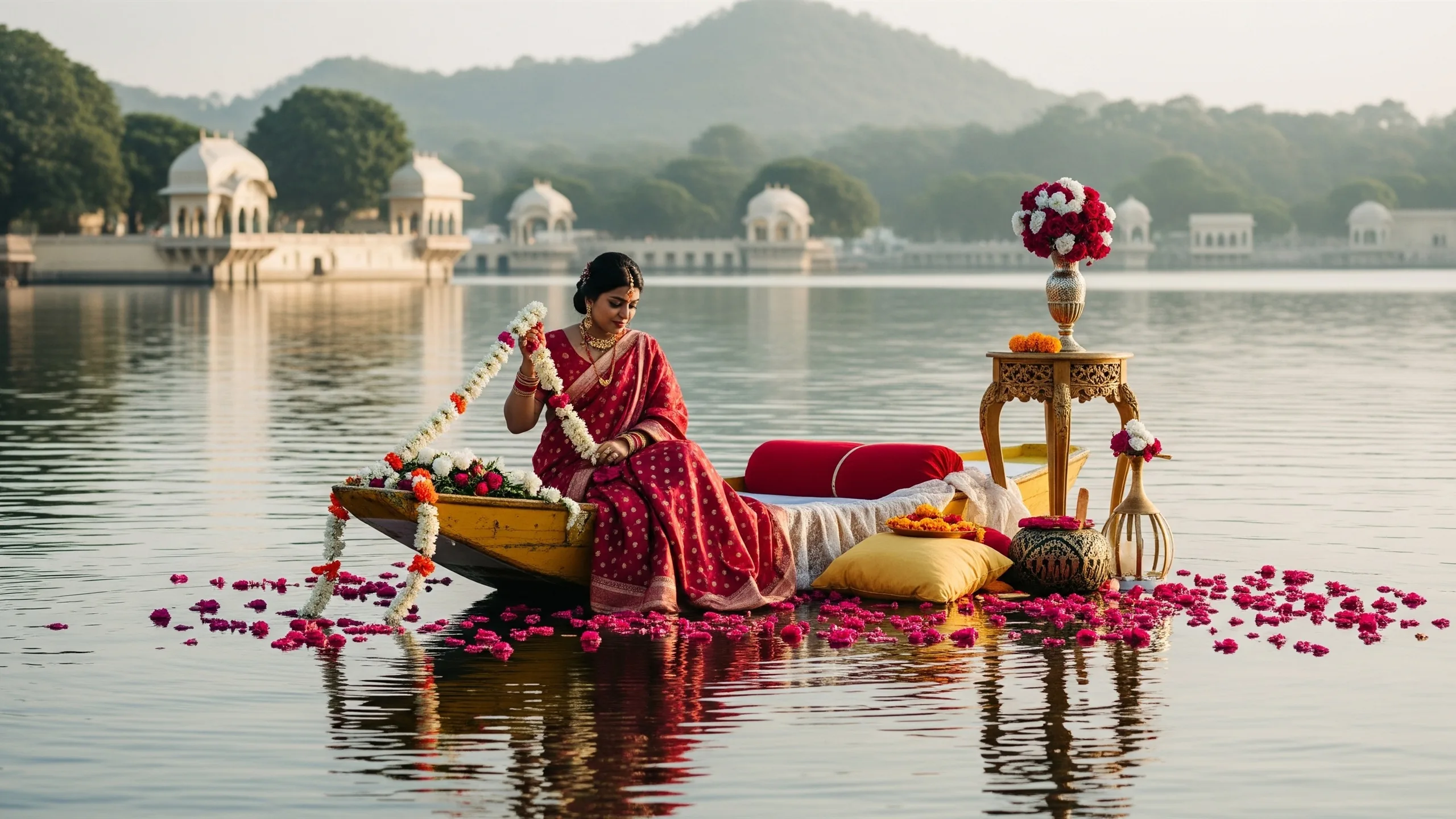 A scenic lakeside palace photoshoot location with decorated boat, flowers and elegant props, close-up detail