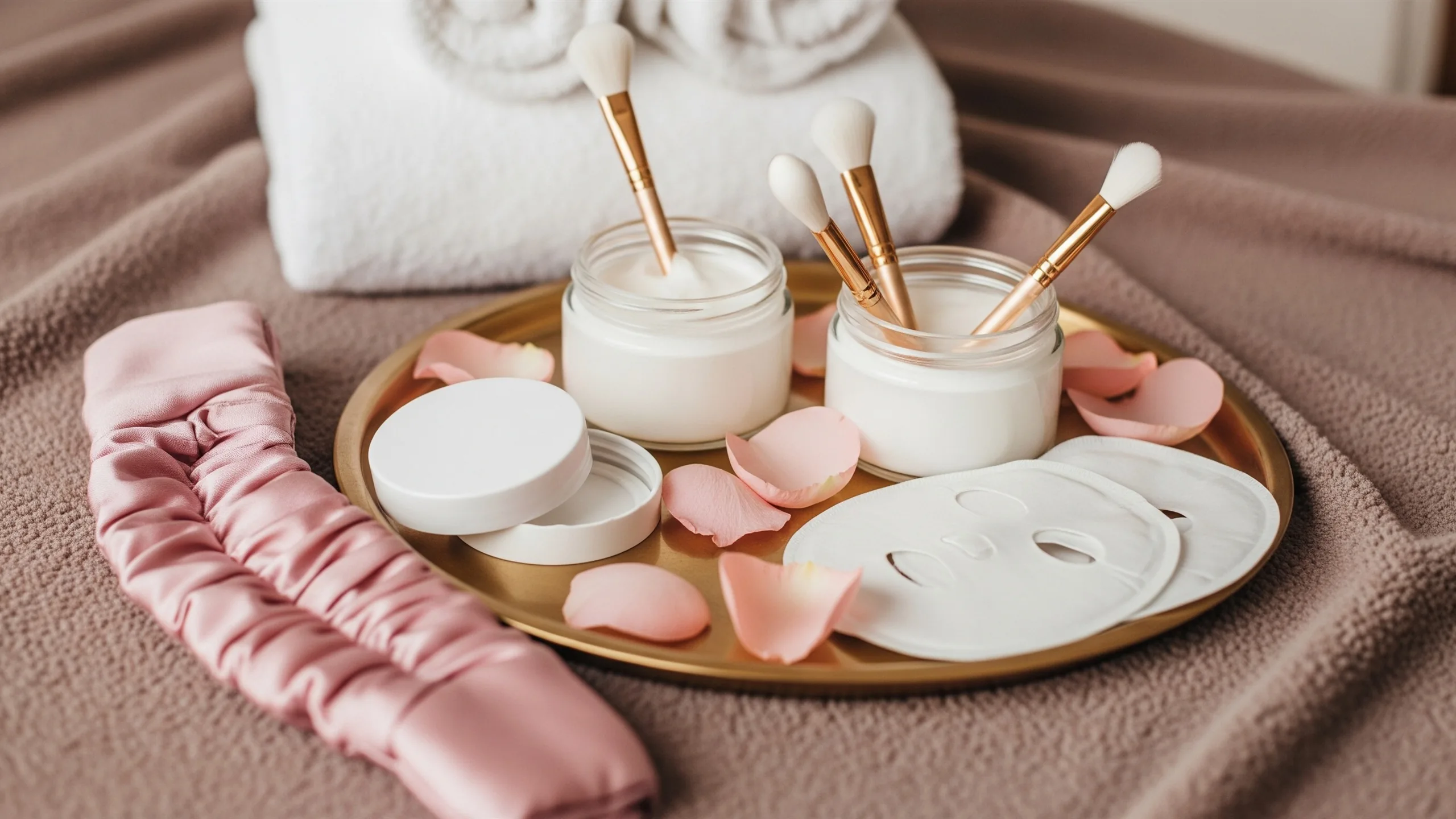 A close detail of skincare tools, face masks in blank jars, rose petals and silk headband on a gold tray, no labels, close-up detail