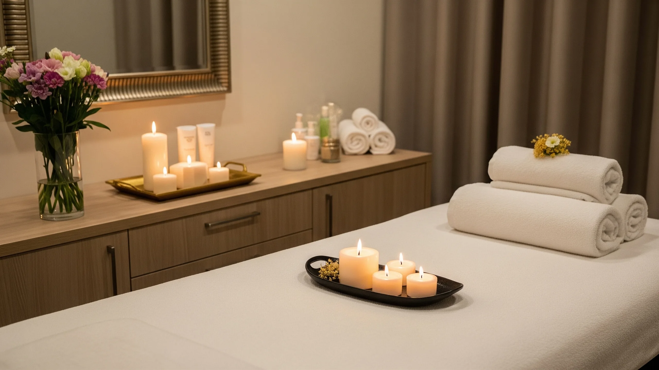 A premium spa treatment room prepared for bridal skincare, candles, flowers, in context
