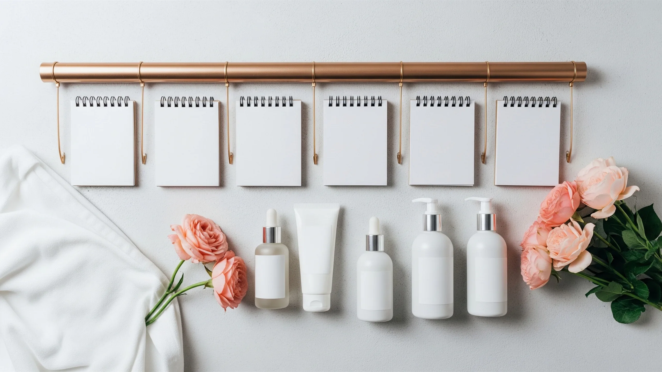 An elegant beauty timeline still life with blank calendar blocks, skincare bottles without text and fresh flowers, styled view