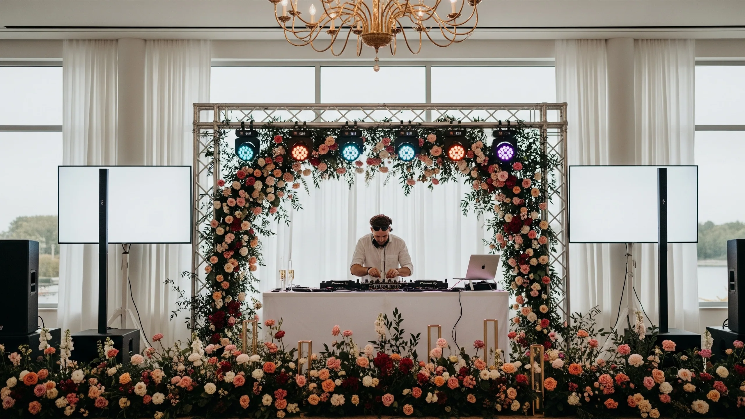 A premium DJ and dance-floor setup with blank screens, unbranded equipment, floral stage and colorful lights, no readable labels, in context